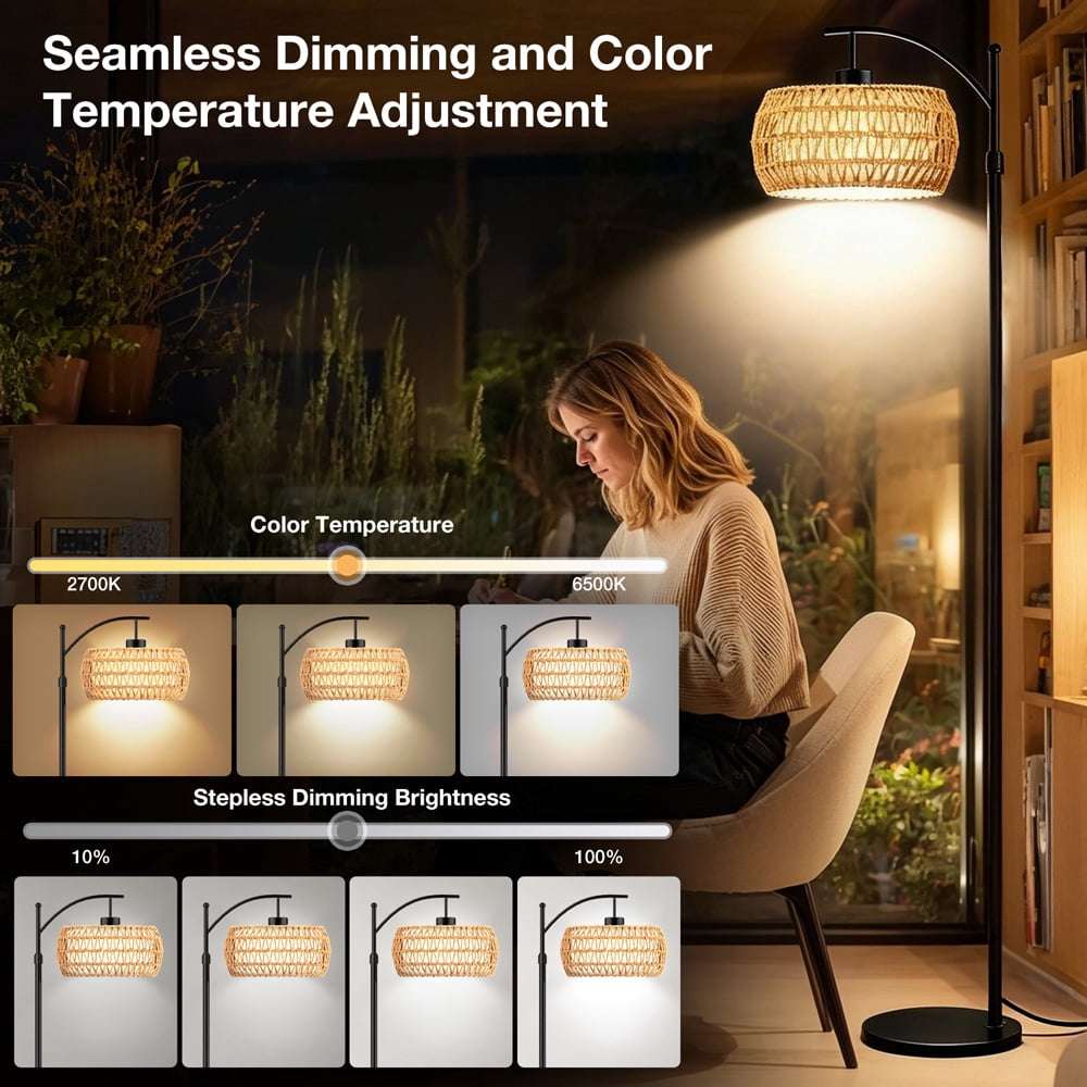 Cozylumi™ BLITZWILL RGB Arc Floor Lamp,3 Color Temperatures Dimmable,Rattan Boho Floor