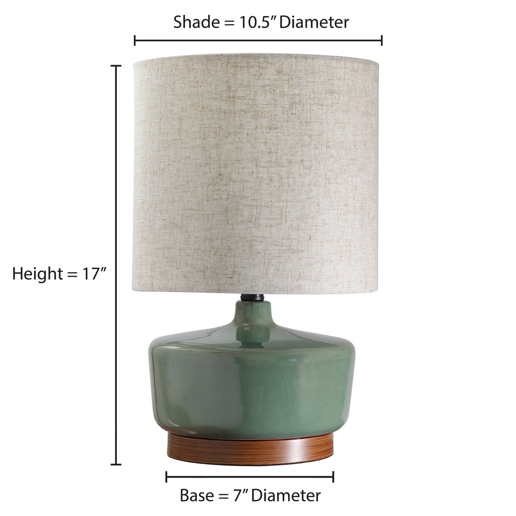 Cozylumi™ 17 in Mid-Century Green Ceramic Table Lamp with Wood Base