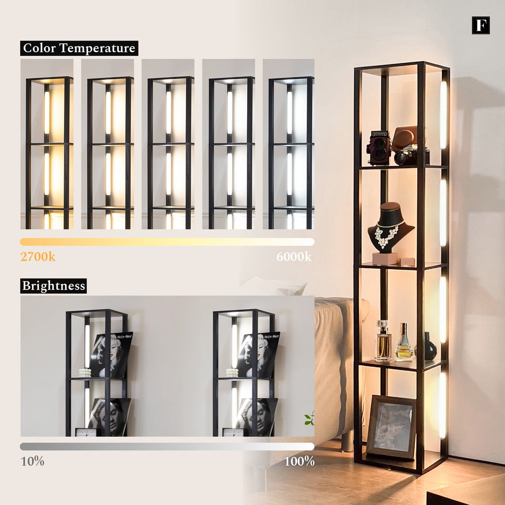 Cozylumi™ FENLO LED Floor Lamp with Shelves, Dimmable Color-Changing 4-Tier Display