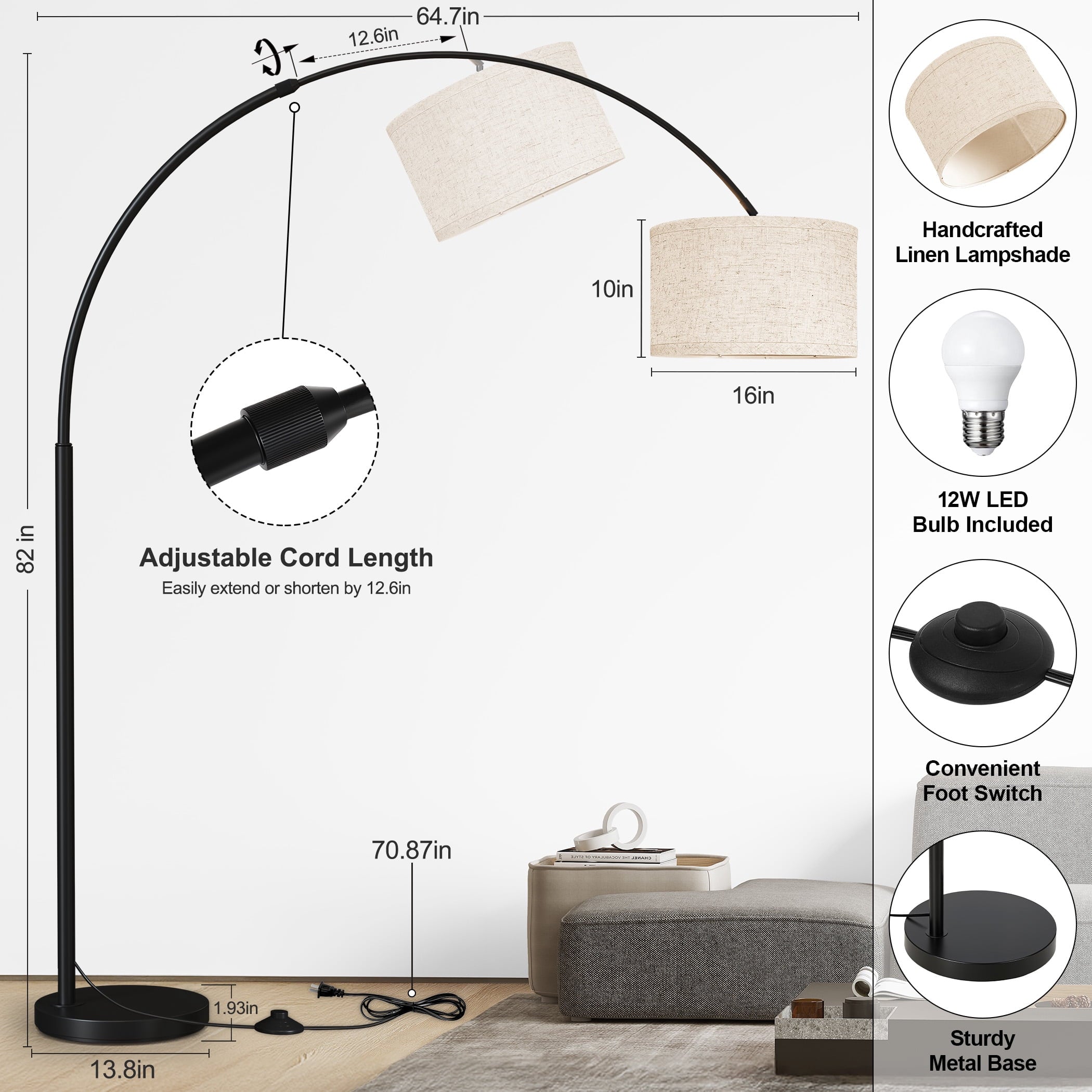 Cozylumi™ 82" Tall Floor Lamps for Living Room, Remote Control Large Arc Floor Lamp