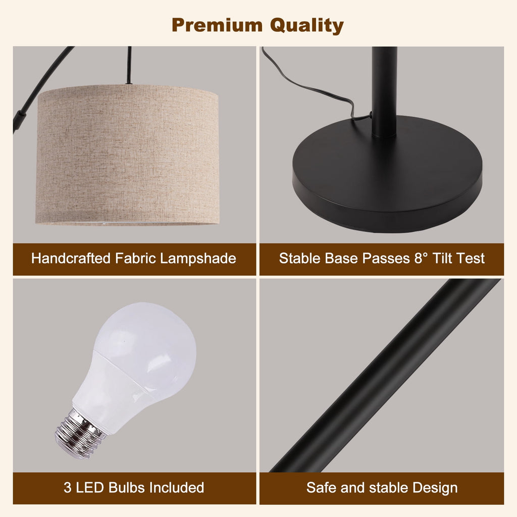 Cozylumi™ Netin 80 3-Light Modern Dimmable Black Arc Floor Lamp with Beige Shades