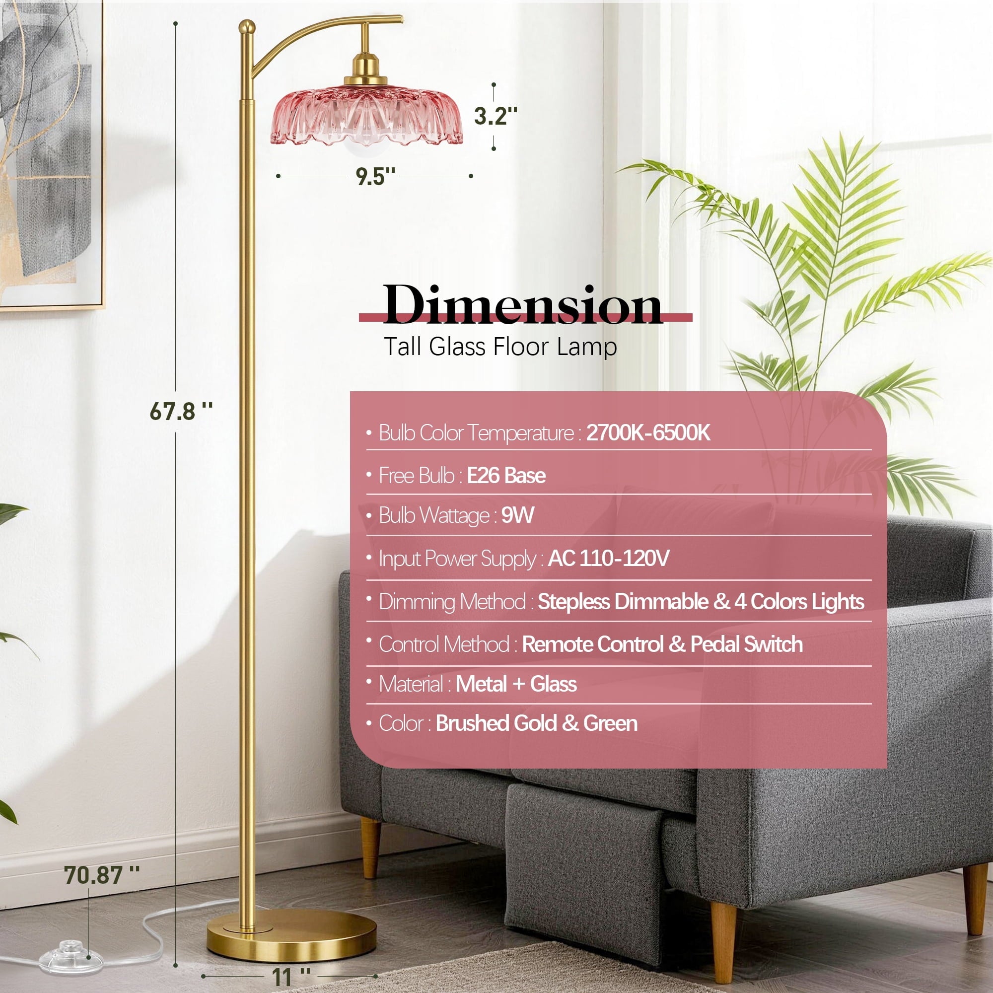 Cozylumi™ 68in Gold Floor Lamp for Living Room Mid Century Modern Standing Lamp with