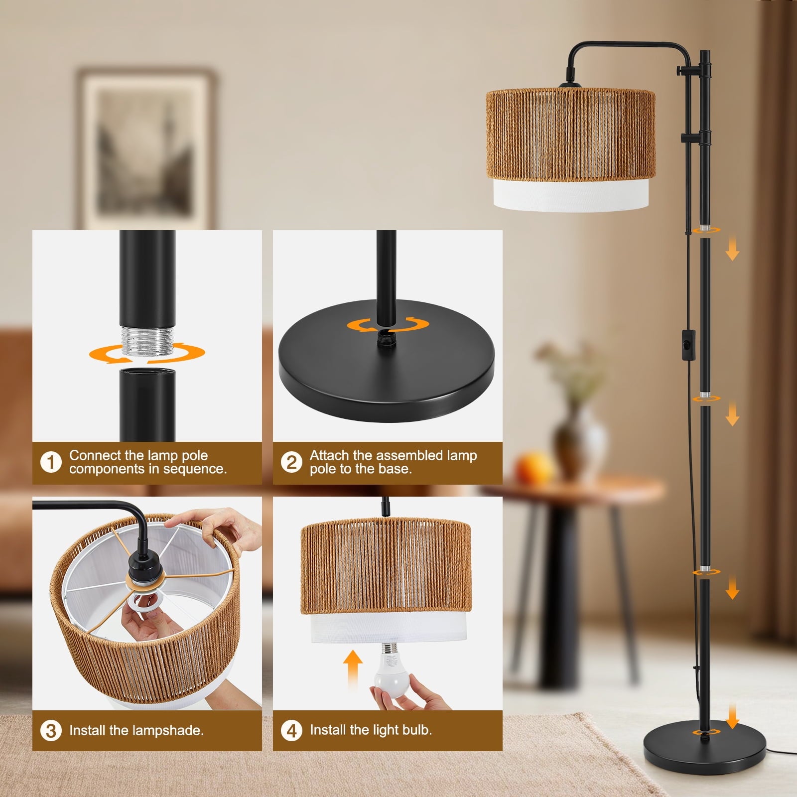 Cozylumi™ Rattan Floor Lamp for Living Room, 3 Color Temperatures LED Bulb Included