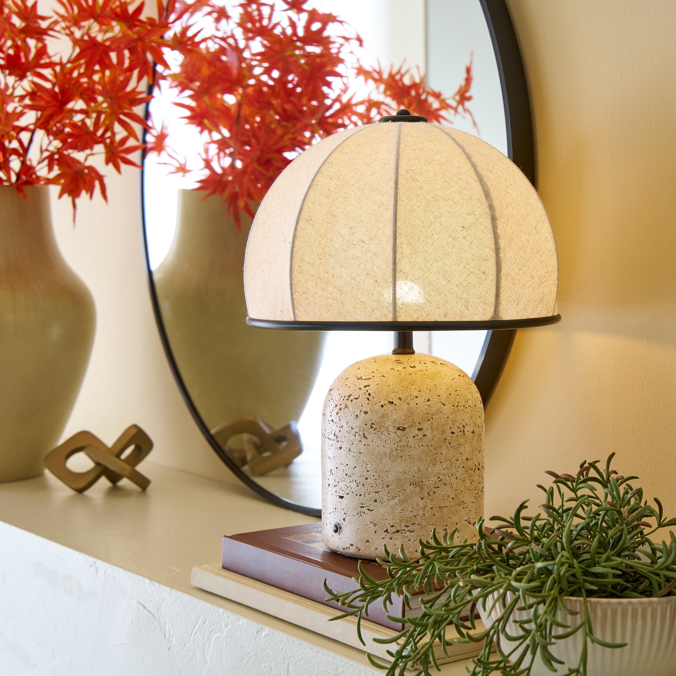 Cozylumi™ Rechargeable 14 in Stone Gourd Table Lamp with Fabric Dome Shade