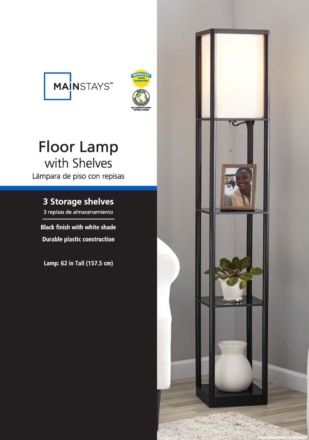 Cozylumi™ 62 Inch Floor Lamp With Black Plastic Shelves and Sustainable White Fabric Shade