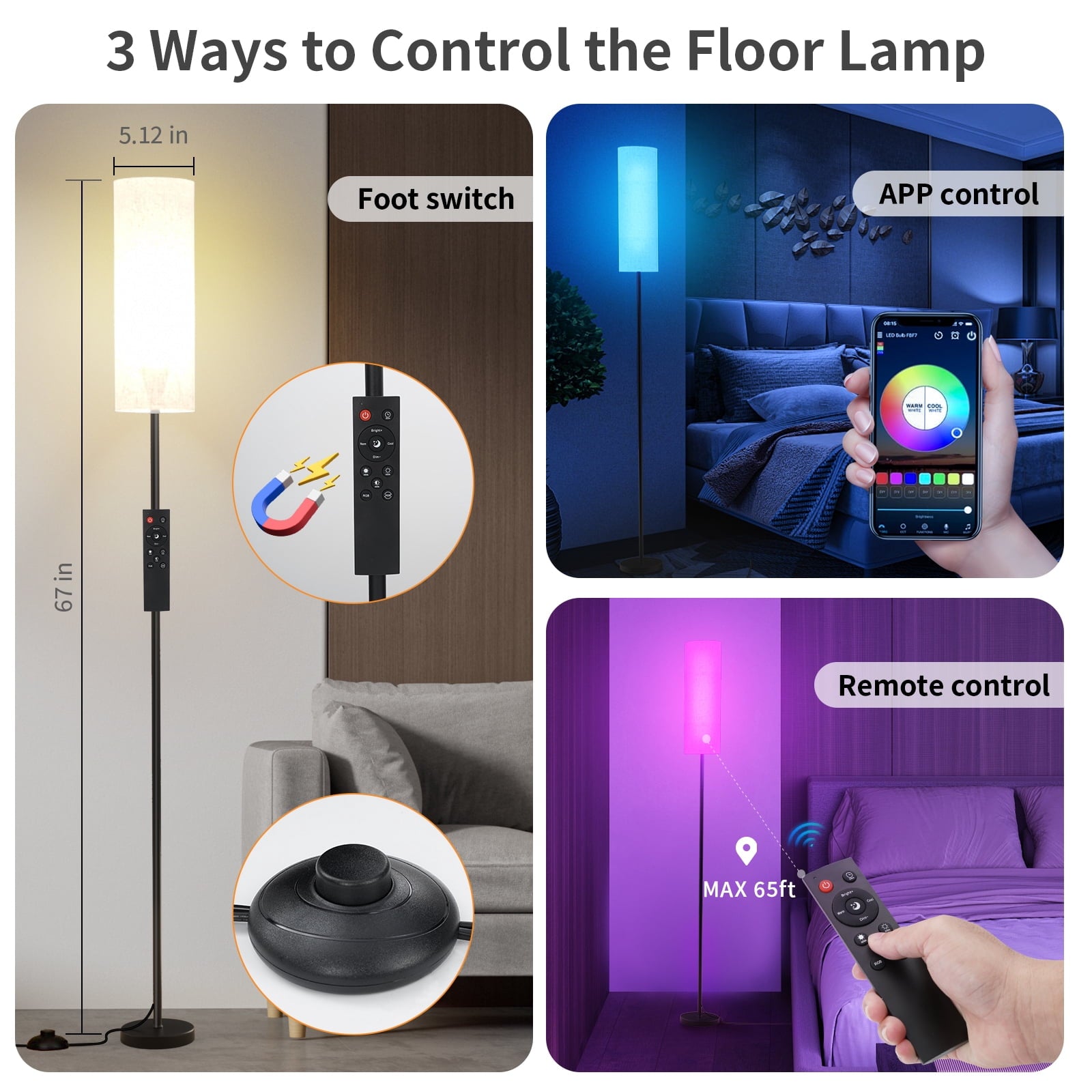 Cozylumi™ 67" Floor Lamp, 16 Million Color Changing Smart LED Lamp with Music Sync, APP