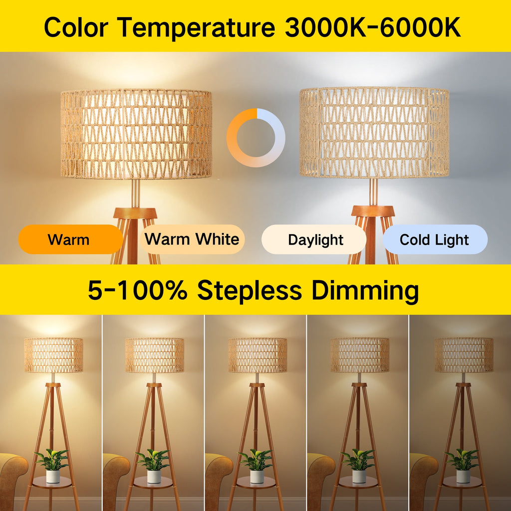 Cozylumi™ Boho Rattan Tripod Floor Lamp with Shelves, Dimmable Standing Lamp with