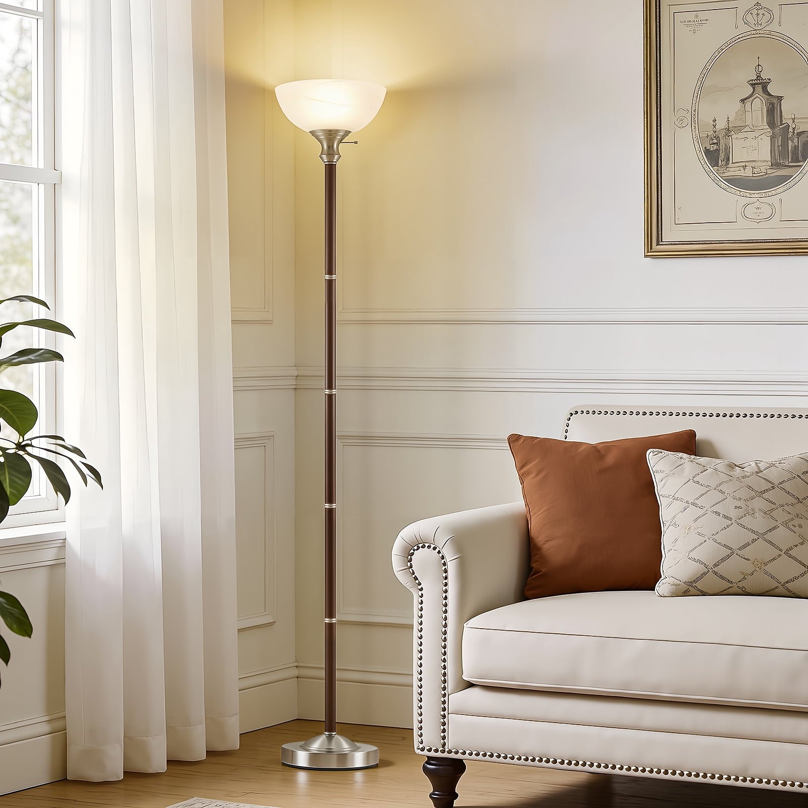 Cozylumi™ Wood Floor Lamp for Living Room - Standing Lamp with Glass Shade Floor Lamps