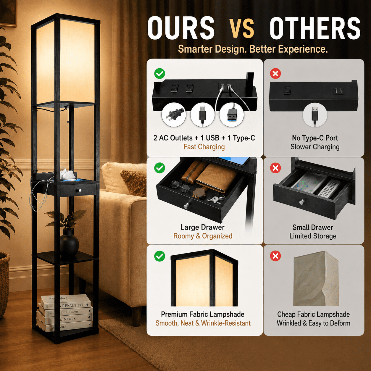 Cozylumi™ Floor Lamp with Shelves & Drawer, LED Standing Lamps with 3 Color