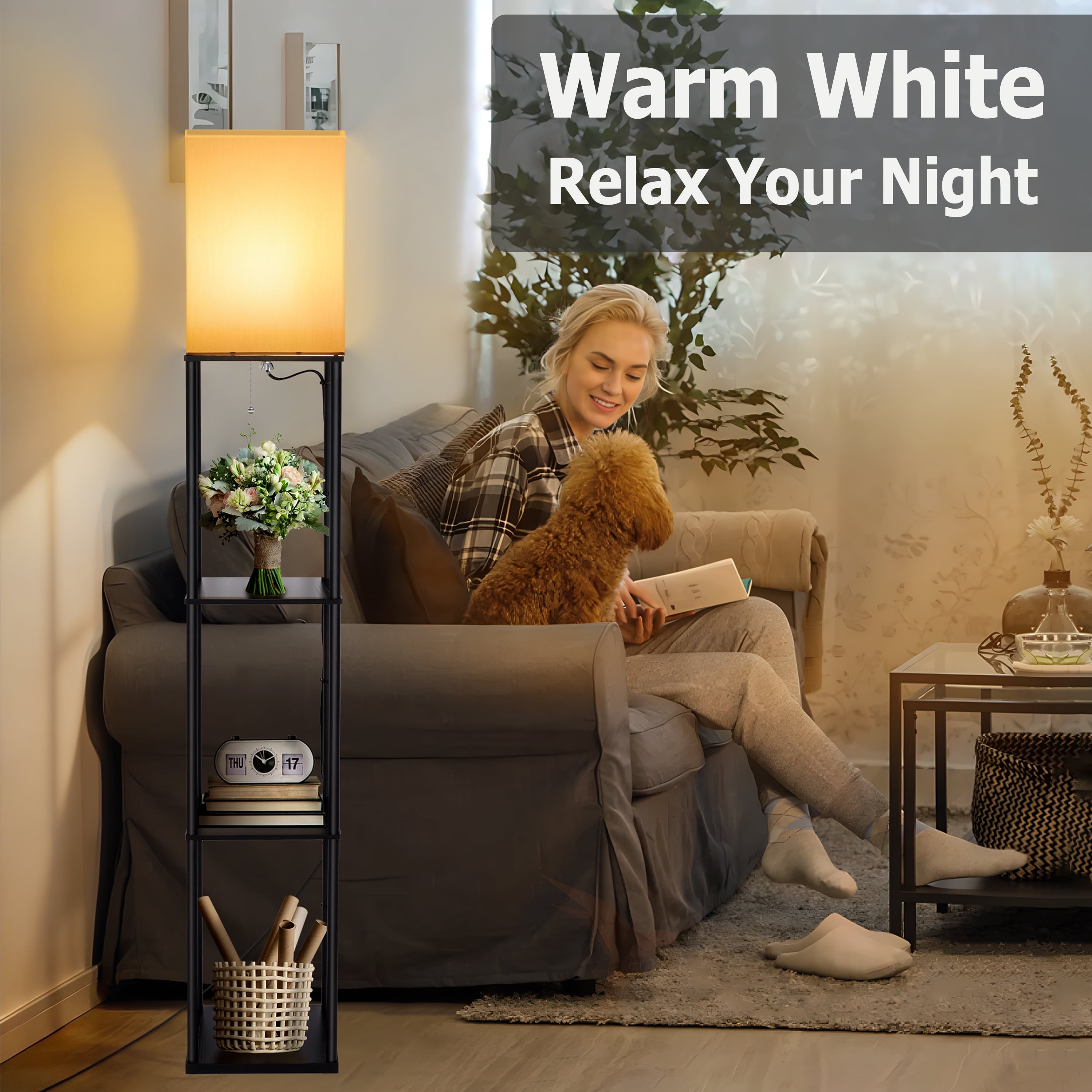 Cozylumi™ Coliware 63" Black Floor Lamp with Shelves, 3-Tier Wood Modern Standing Lamp