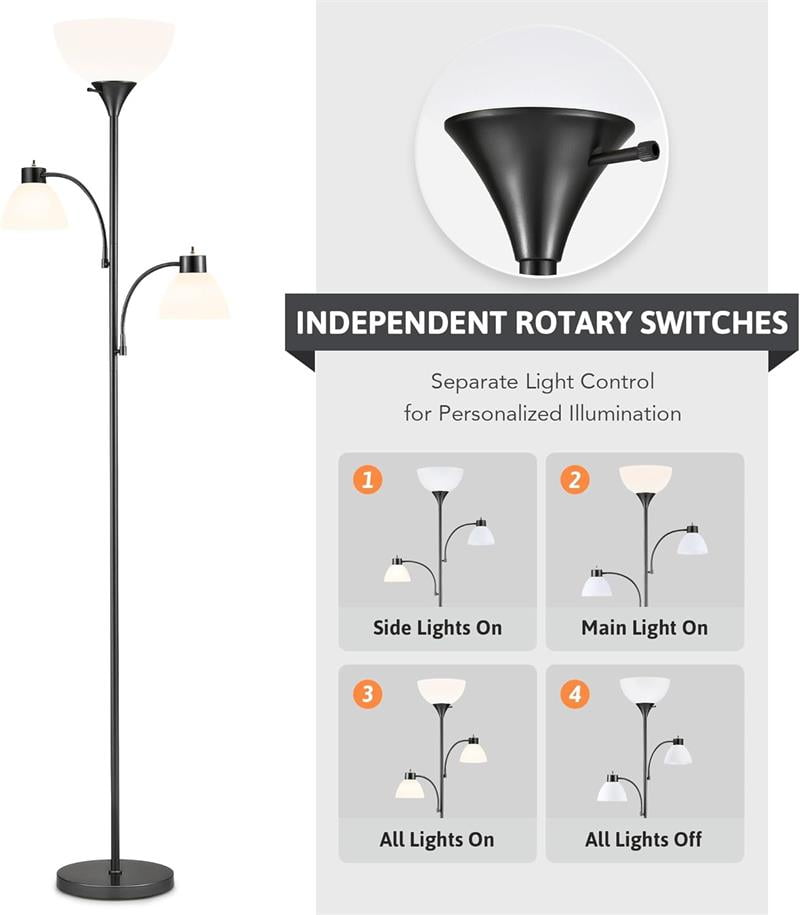 Cozylumi™ Lumadin 71'' Black Floor Lamp With 2 Adjustable Reading Lamp, Modern Design,3