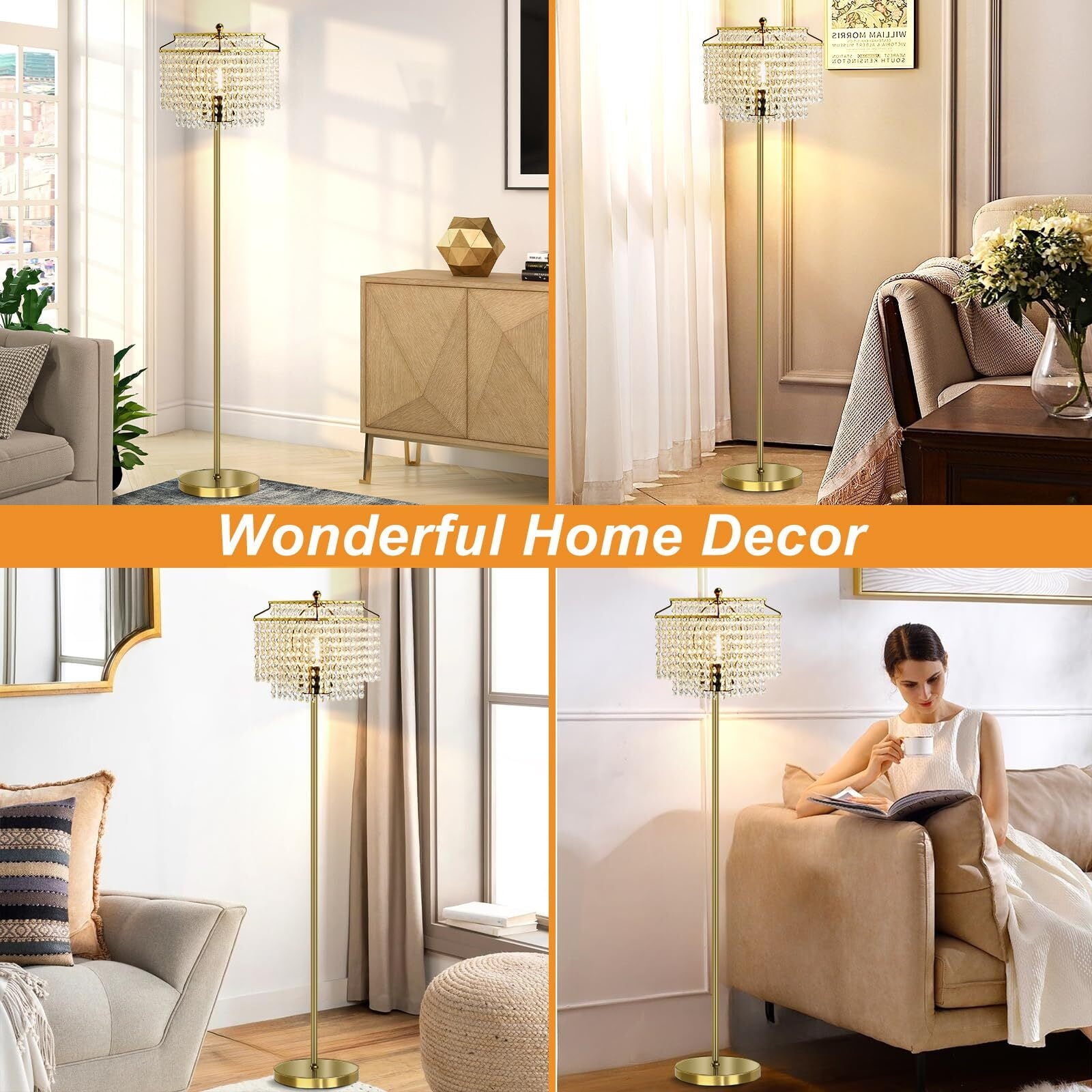 Cozylumi™ Gold Crystal Floor Lamp , Modern Standing Lamps with Double-Layer Lampshade