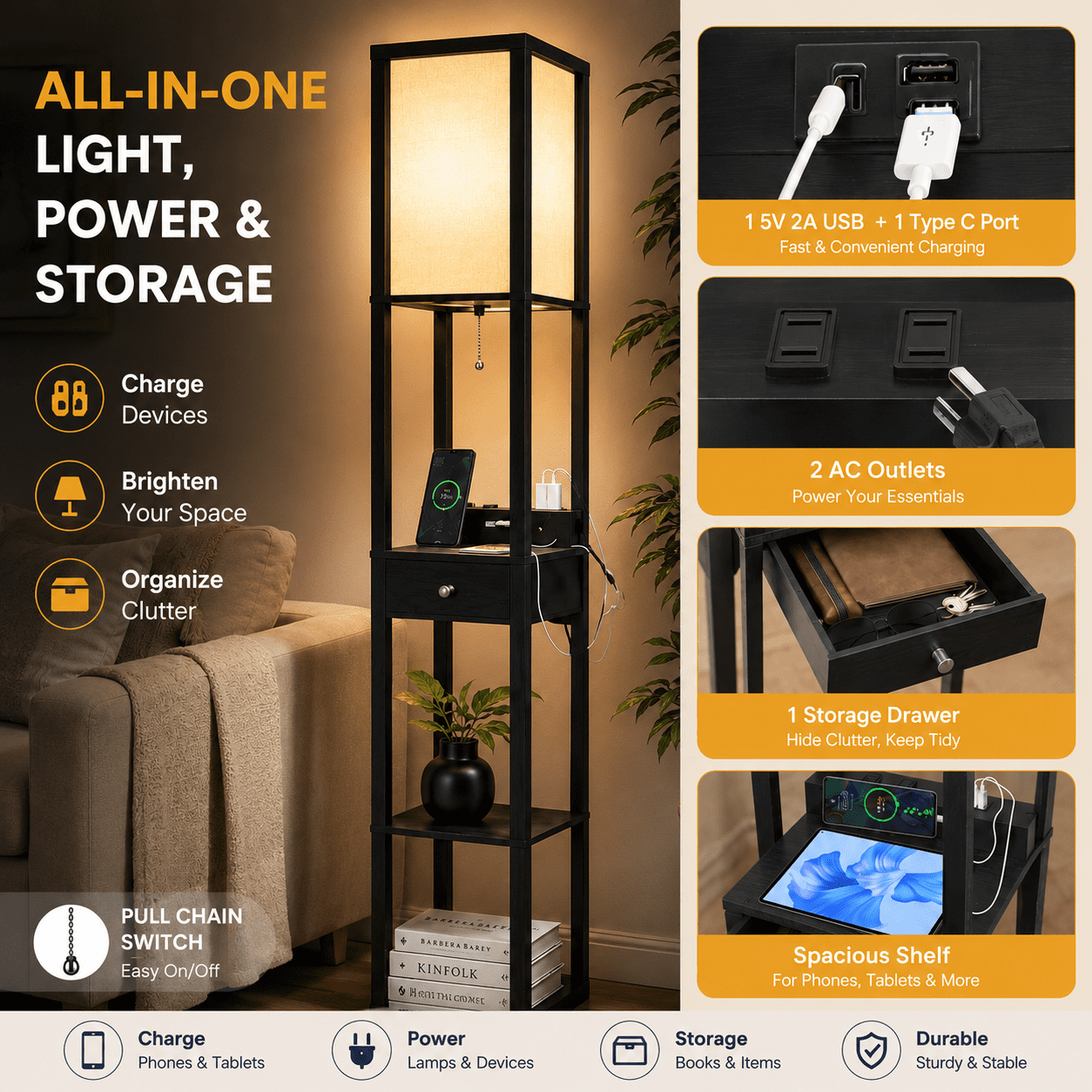 Cozylumi™ Floor Lamp with Shelves & Drawer, LED Standing Lamps with 3 Color