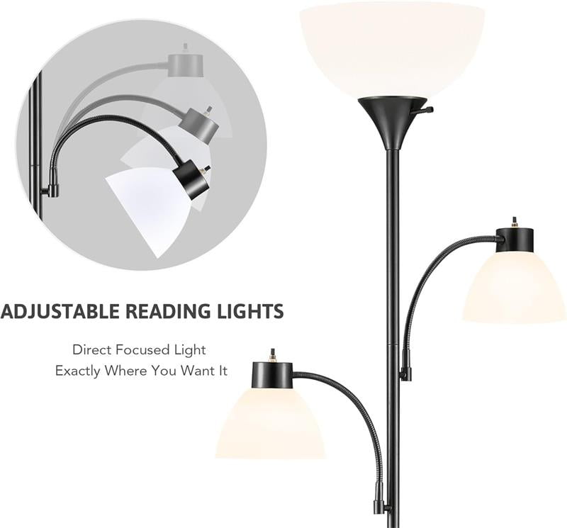 Cozylumi™ Lumadin 71'' Black Floor Lamp With 2 Adjustable Reading Lamp, Modern Design,3