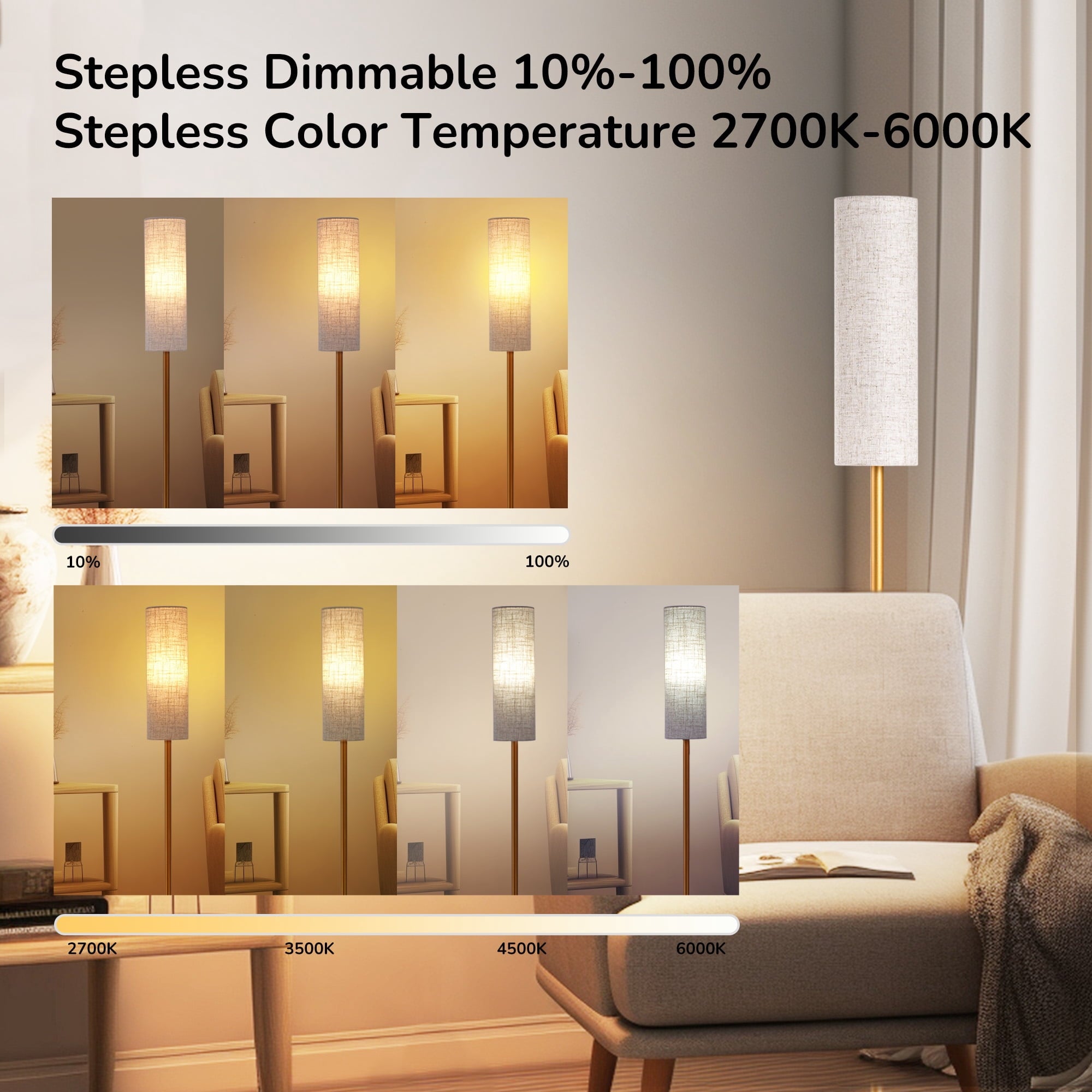 Cozylumi™ 65in Gold Floor Lamps with Remote for Living Room, 2700K-6000K, Standing Tall