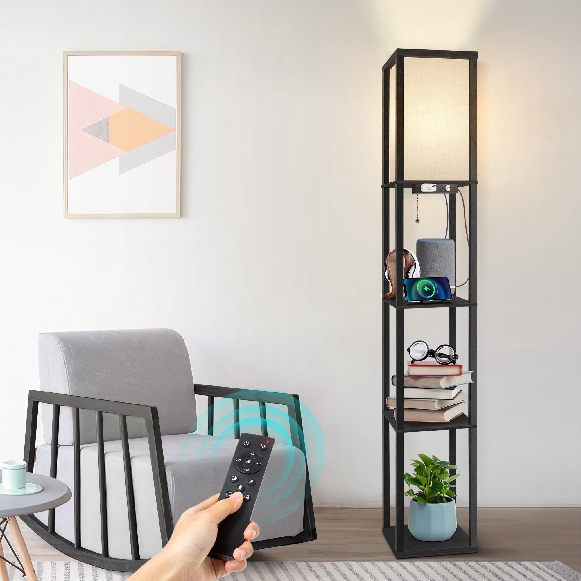 Cozylumi™ Floor Lamp with Shelves and Charging, 63.7'' Dimmable Standing Tall Wood