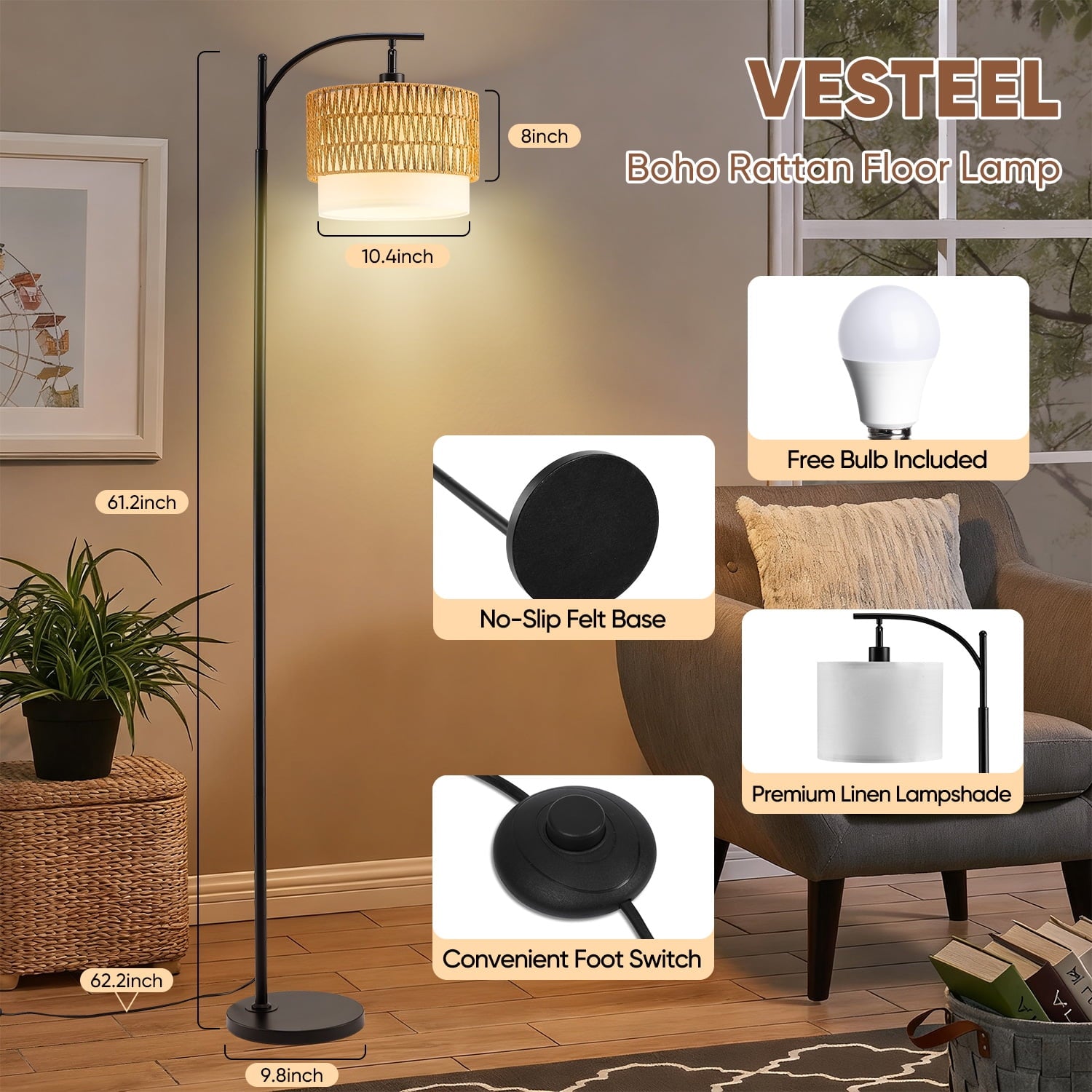 Cozylumi™ Vesteel Floor Lamp for Living Room, Rattan Standing Lamp with Adjustable