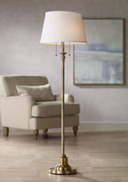 Cozylumi™ Vintage Floor Lamp 58" Tall Brushed Antique Brass Metal Off White Linen Drum