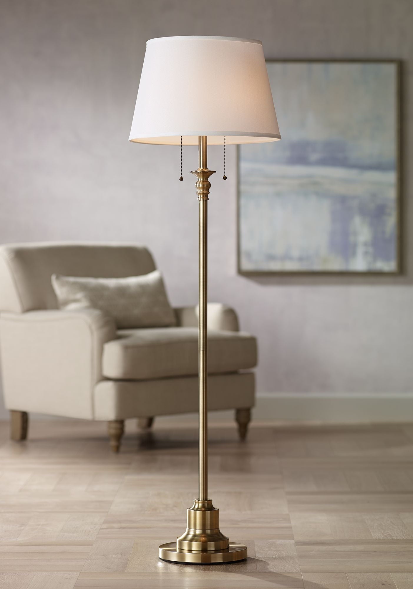 Cozylumi™ Vintage Floor Lamp 58" Tall Brushed Antique Brass Metal Off White Linen Drum