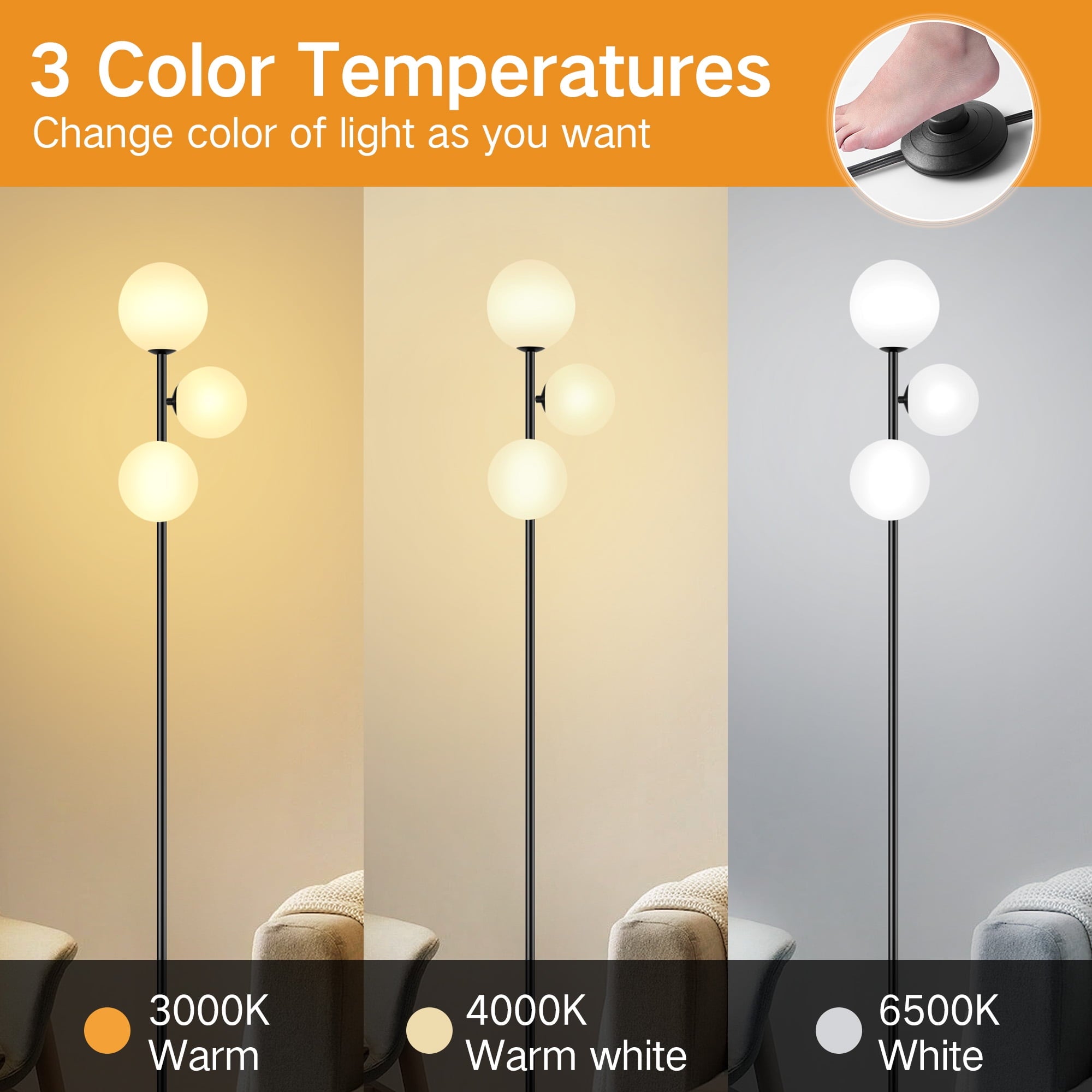 Cozylumi™ 71" Globe Floor Lamp for Living Room Clearance, Modern 3 light Standing Lamp