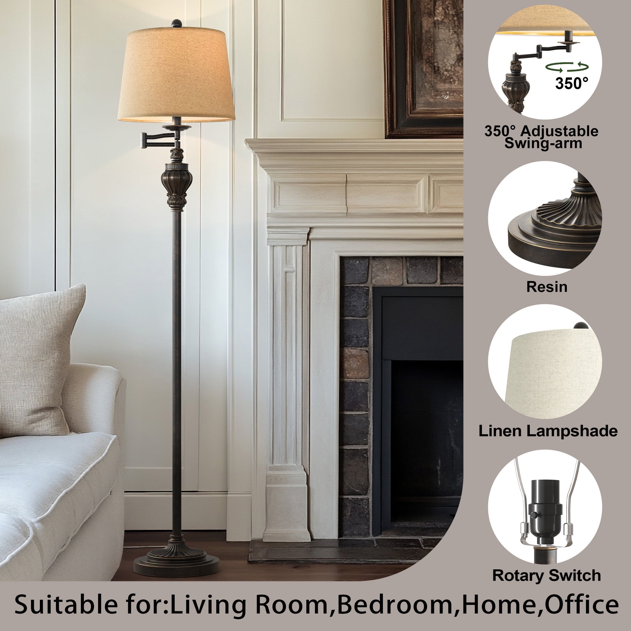 Cozylumi™ 61.5" Vintage Floor Lamp with Linen Shade, Floor Lamp for Living Room