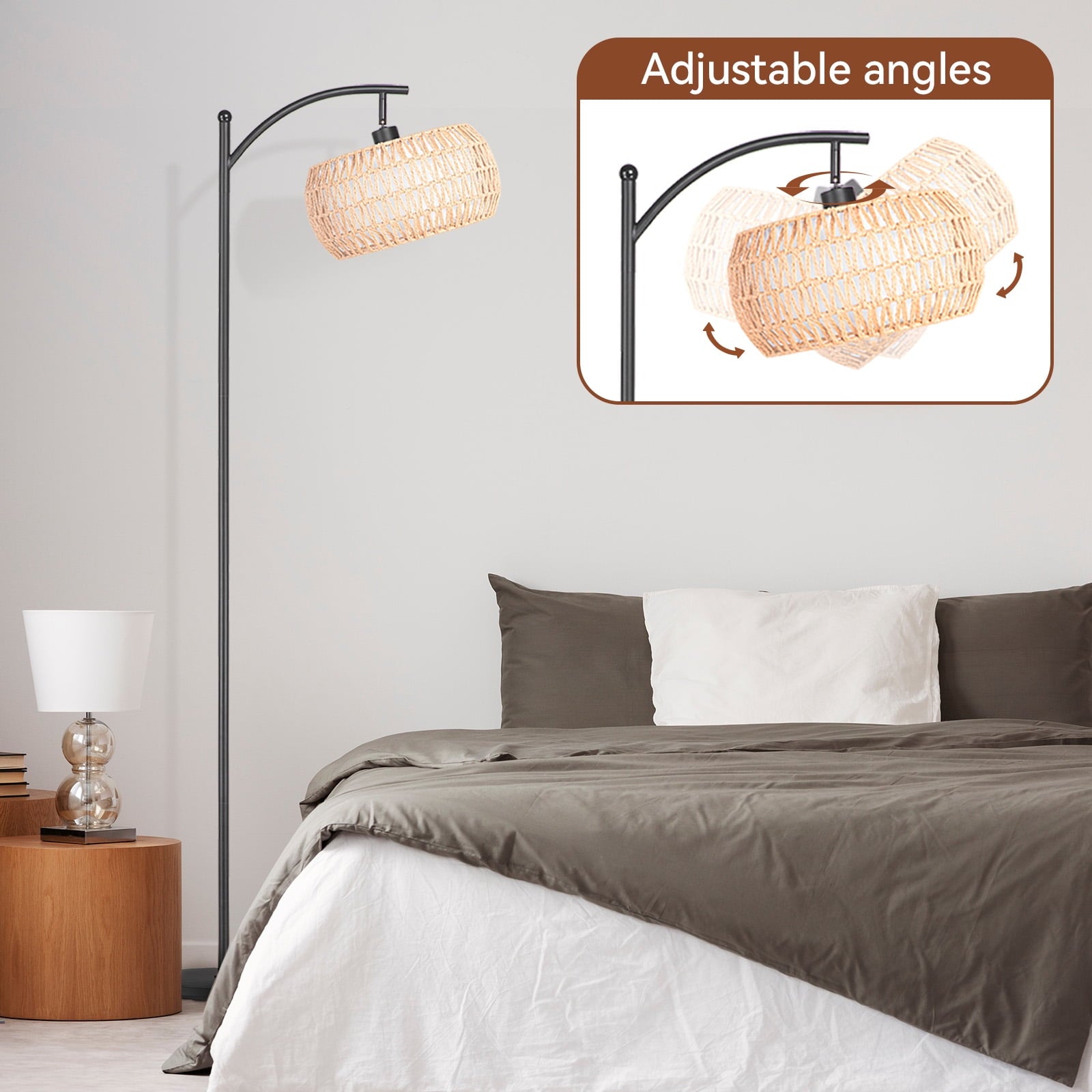 Cozylumi™ 63'' Dimmable Arc Rattan Floor Lamp, Black Standing Lamp with Rattan & Fabric
