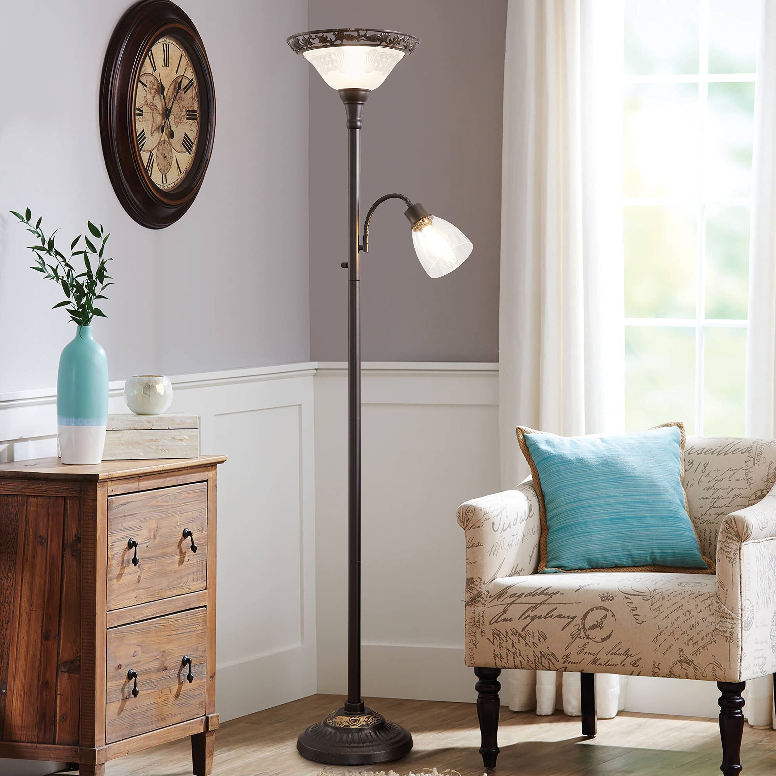 Cozylumi™ 70" Victorian Floor Lamp, Etched Glass Shade, Metal Body & Heavy Base