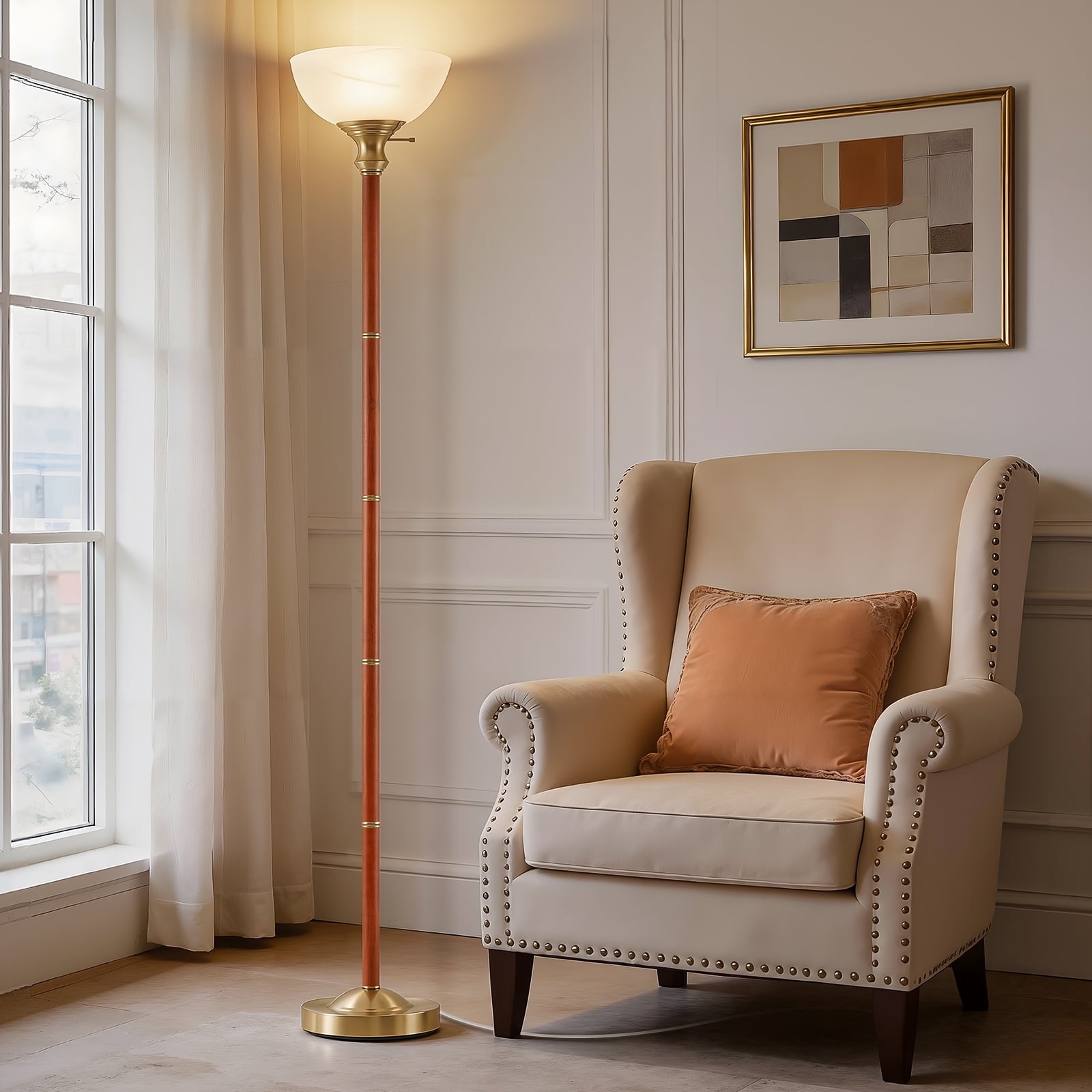 Cozylumi™ Wood Floor Lamp for Living Room - Gold Standing Lamp with Glass Shade Floor