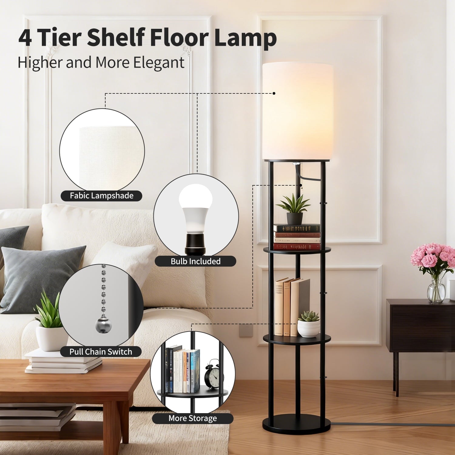 Cozylumi™ Foukus 63" Round Shade Floor Lamp with Shelves: Lamp for Living Room with 3