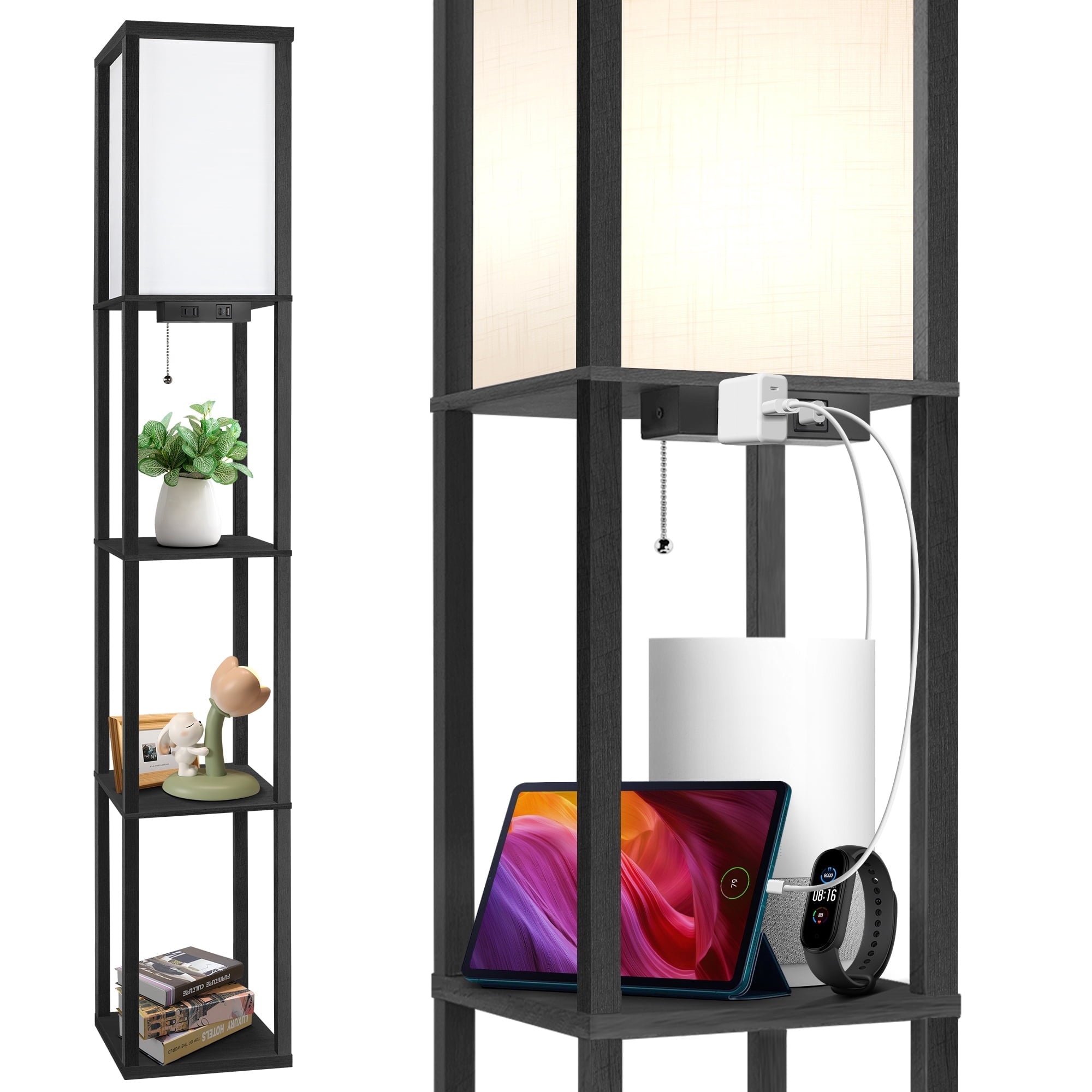 Cozylumi™ Floor Lamp with Shelves, Standing Lamp with USB & Type C & Power Outlet, 3