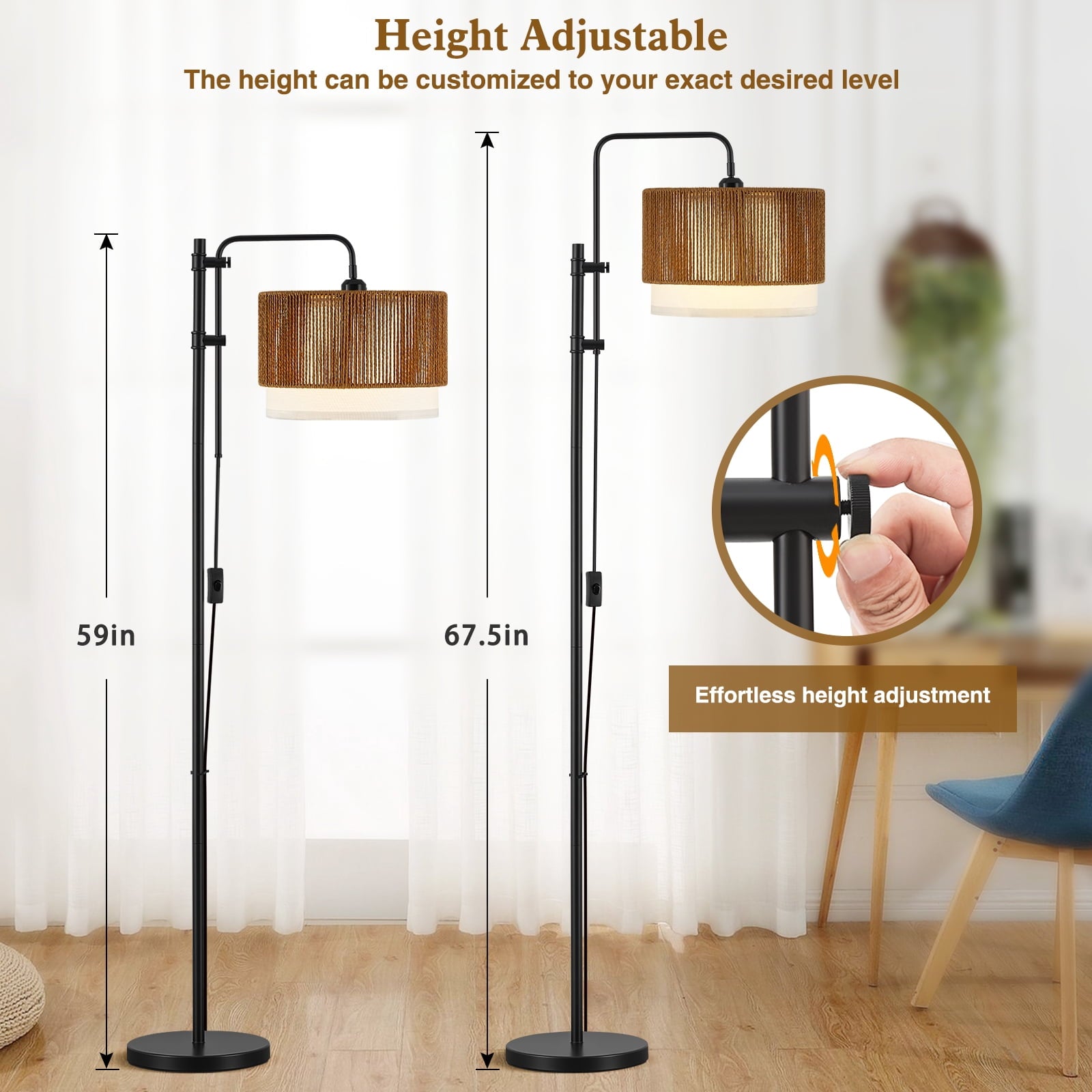 Cozylumi™ Rattan Floor Lamp for Living Room, 3 Color Temperatures LED Bulb Included