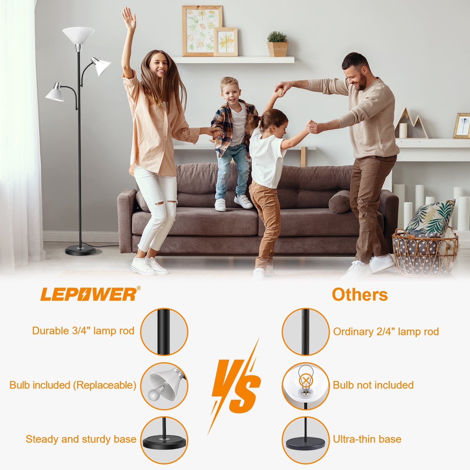 Cozylumi™ 3-Head LED Floor Lamp with Adjustable Reading Lights, 3000K Warm White