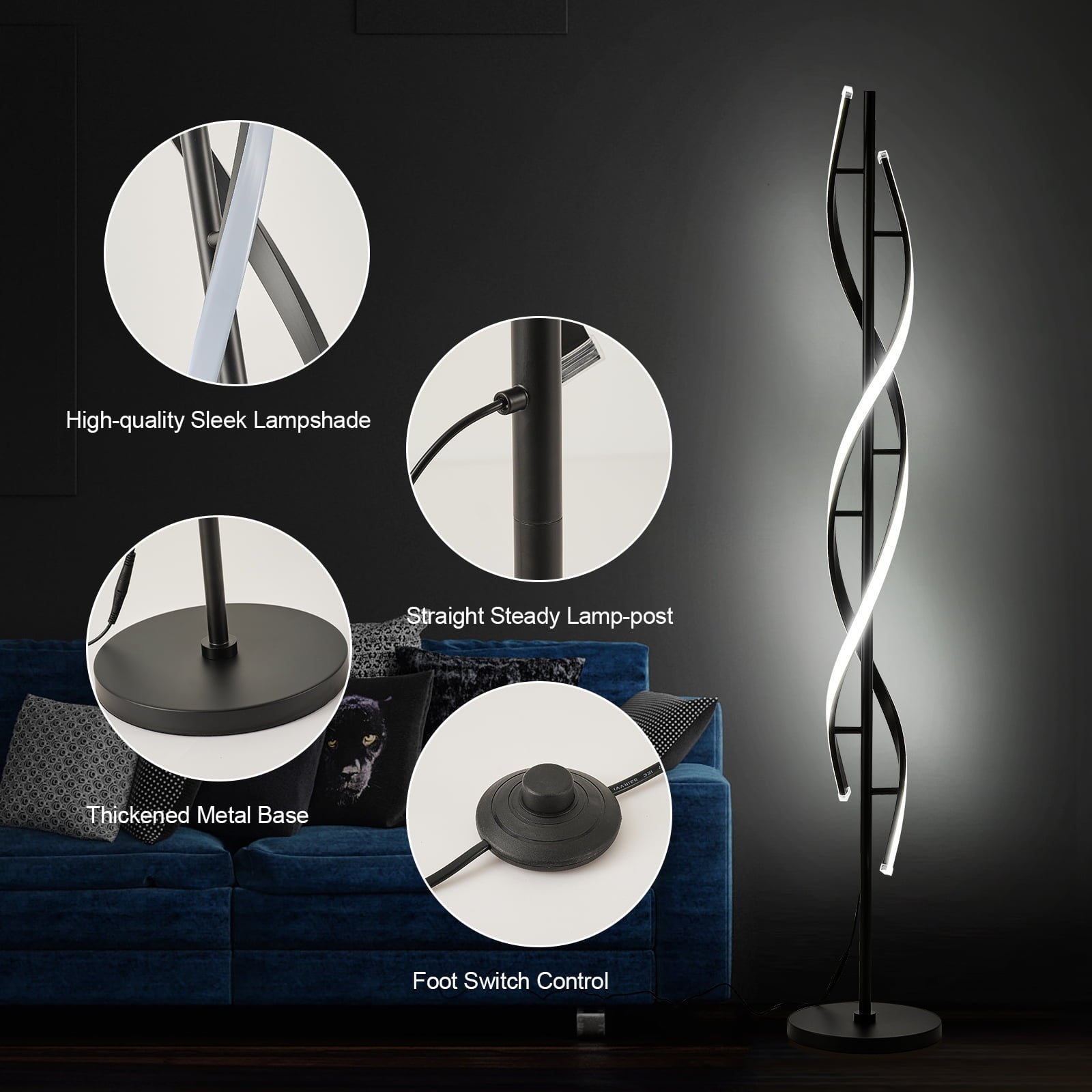 Cozylumi™ LED Spiral Floor Lamp 60 Inch Modern Floor Lamps Dimmable Black Standing Lamp