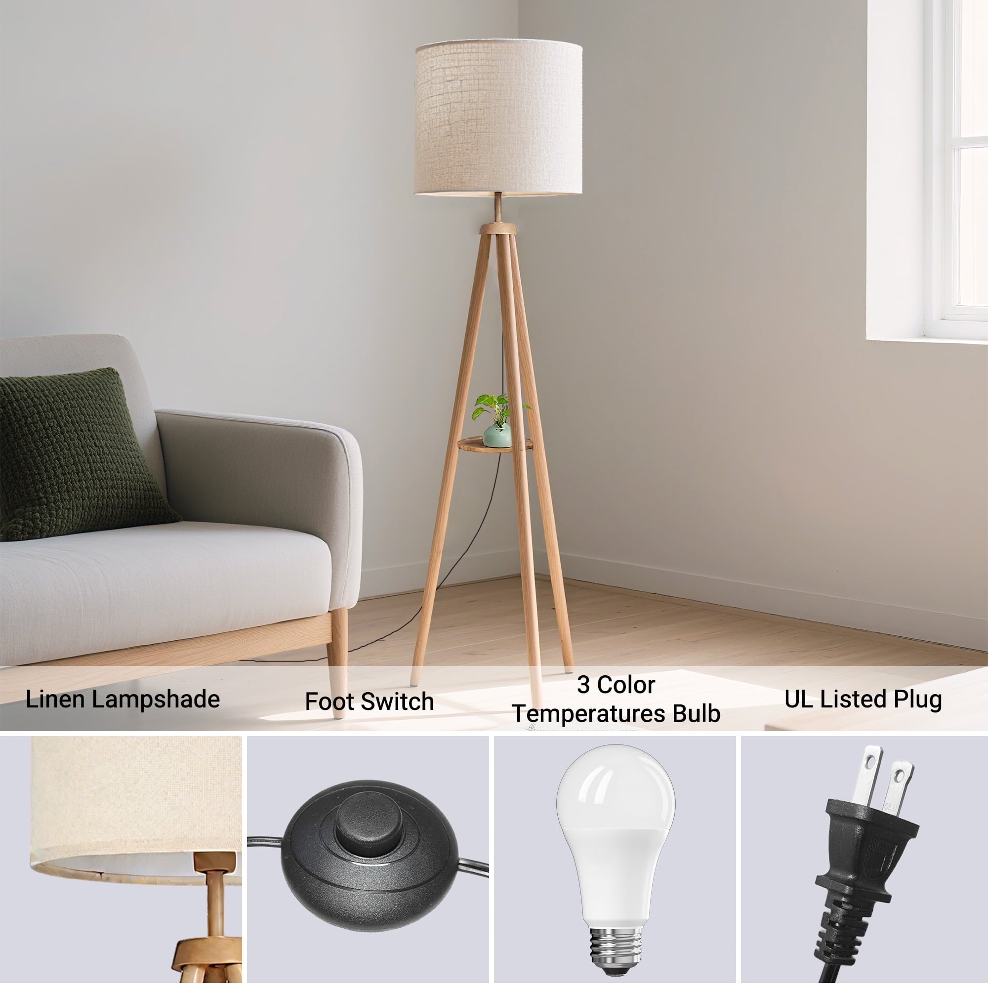 Cozylumi™ Floor Lamp for Living Room, 60'' Wood Tripod Floor Lamp with Shelves, 3 Color