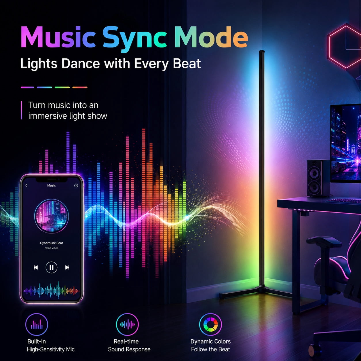 Cozylumi™ Rirool RGB Corner Floor Lamp, 55.91 in LED Standing Light with App Remote