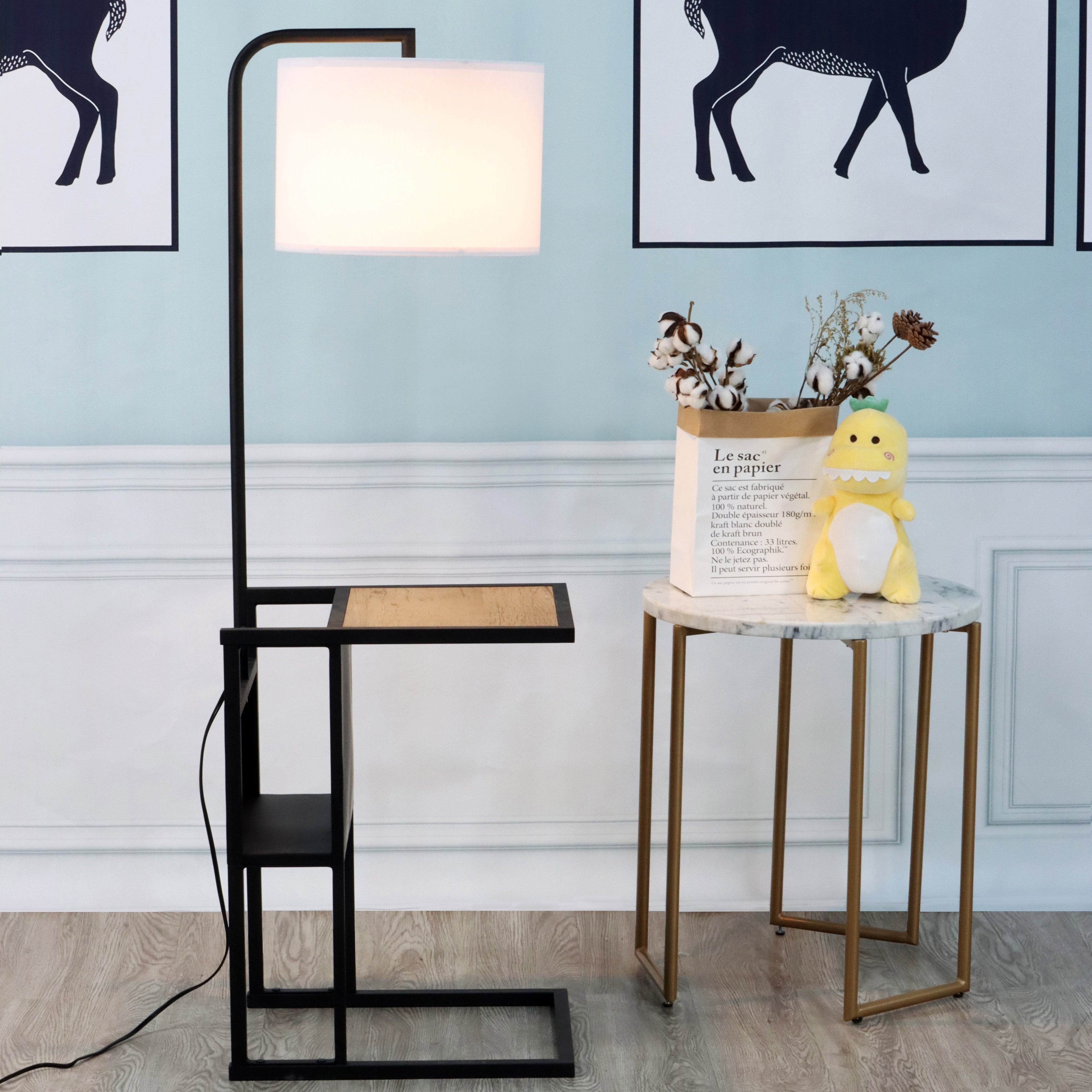 Cozylumi™ 54" Matte Black Metal Floor Lamp with Faux Wood Table and Magazine Rack
