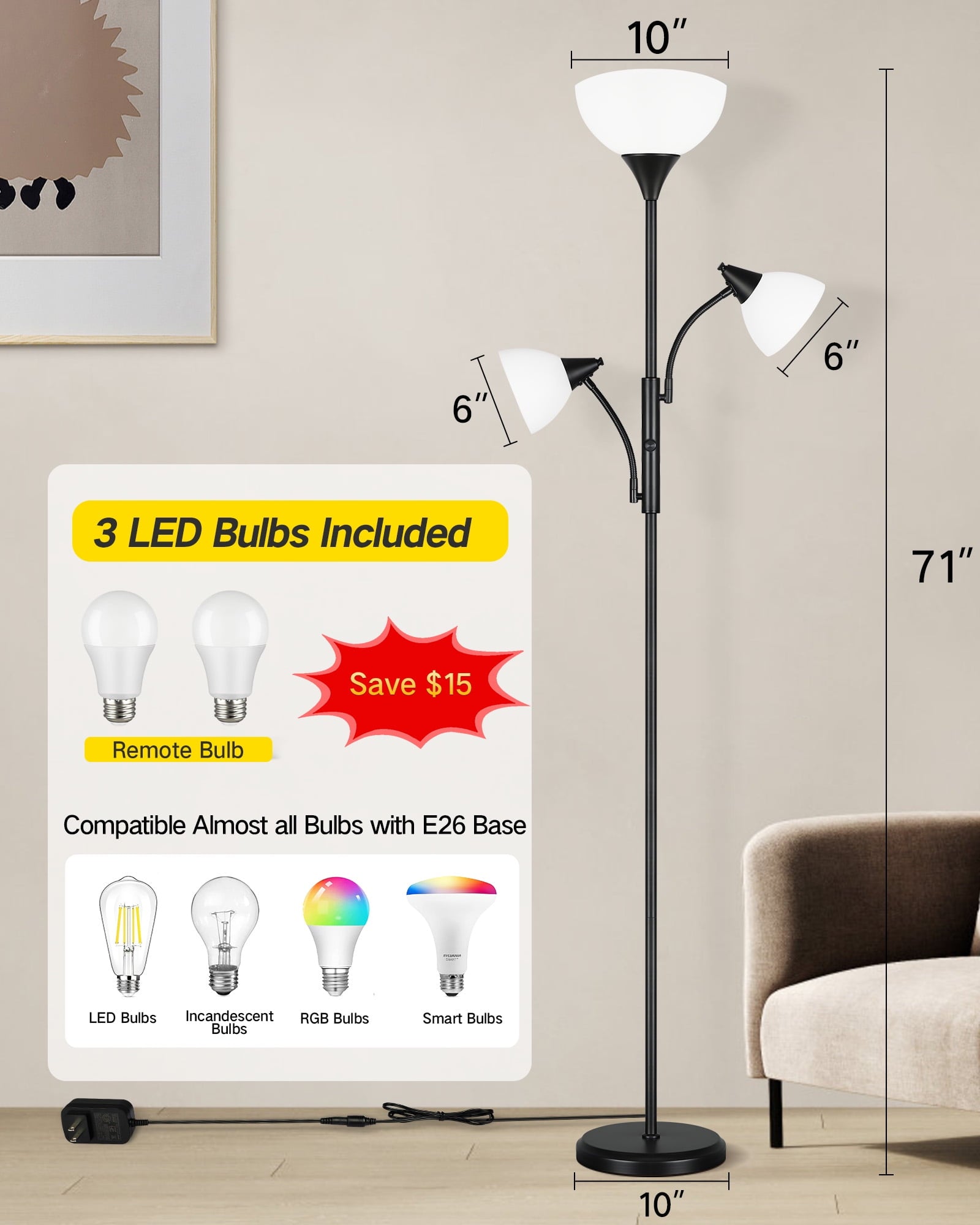 Cozylumi™ Floor Lamp with Reading Light for Living Room, LED Standing Lampwith Remote