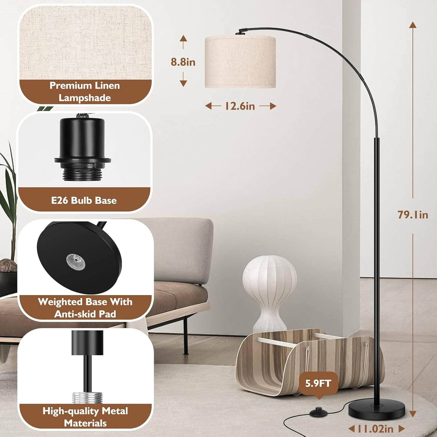 Cozylumi™ Nordic Hygge 79 Inch Arc Floor Lamps with Weighted Base