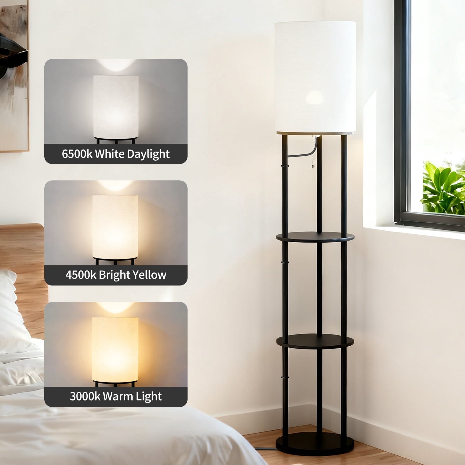 Cozylumi™ Foukus 63" Round Shade Floor Lamp with Shelves: Lamp for Living Room with 3