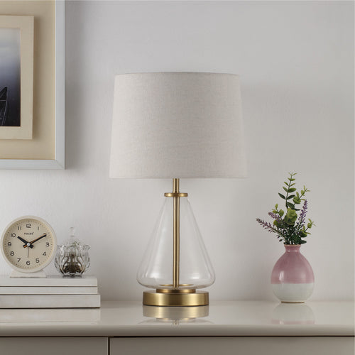 Cozylumi™ 18 in Clear Glass Table Lamp with Brass Metal Base and Beige Shade
