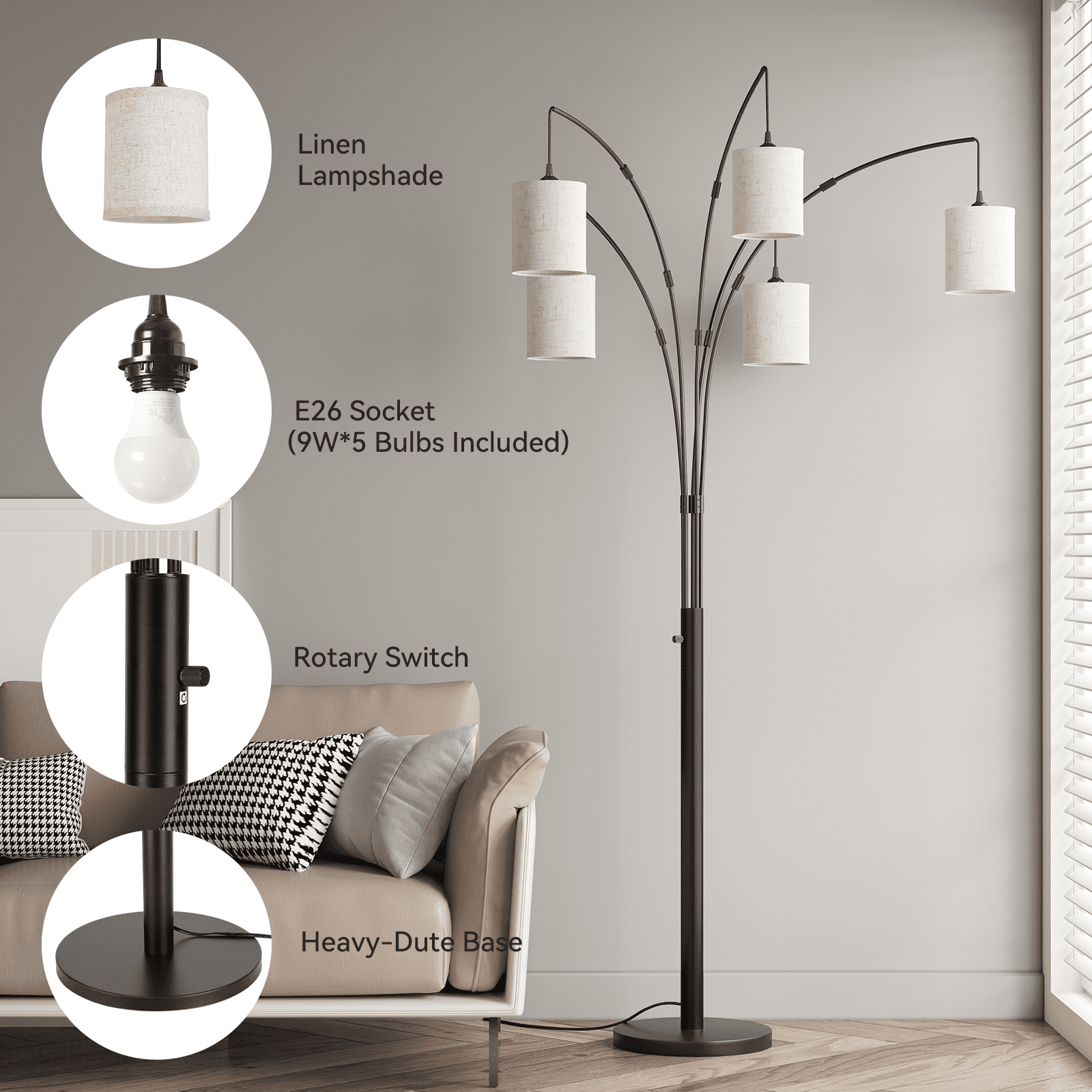 Cozylumi™ 5 Lights Tree Floor Lamp, 83.5" Large Tall Standing Lamp with Drum Linen
