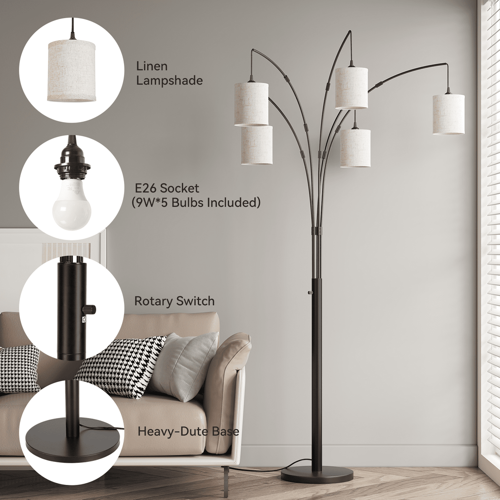 Cozylumi™ 5 Lights Tree Floor Lamp, 83.5" Large Tall Standing Lamp with Drum Linen