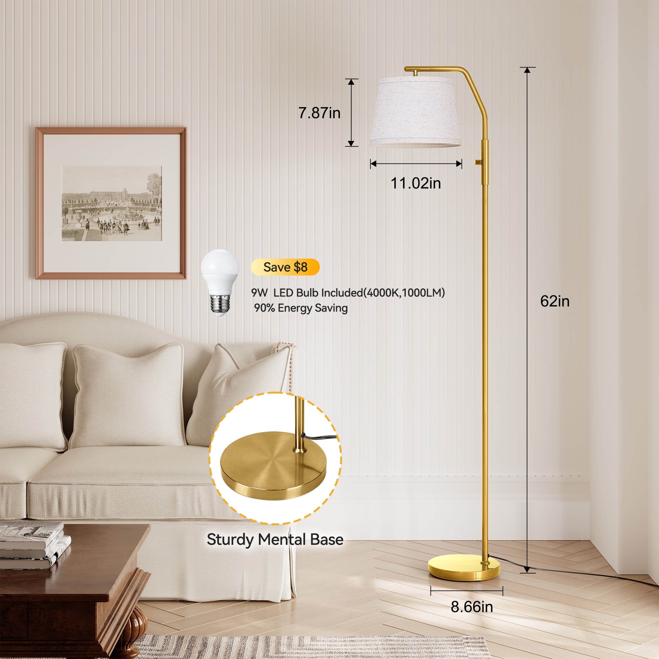 Cozylumi™ Floor Lamp for Living Room, 9W Bulb Included, Lamp for Bedroom with Adjust
