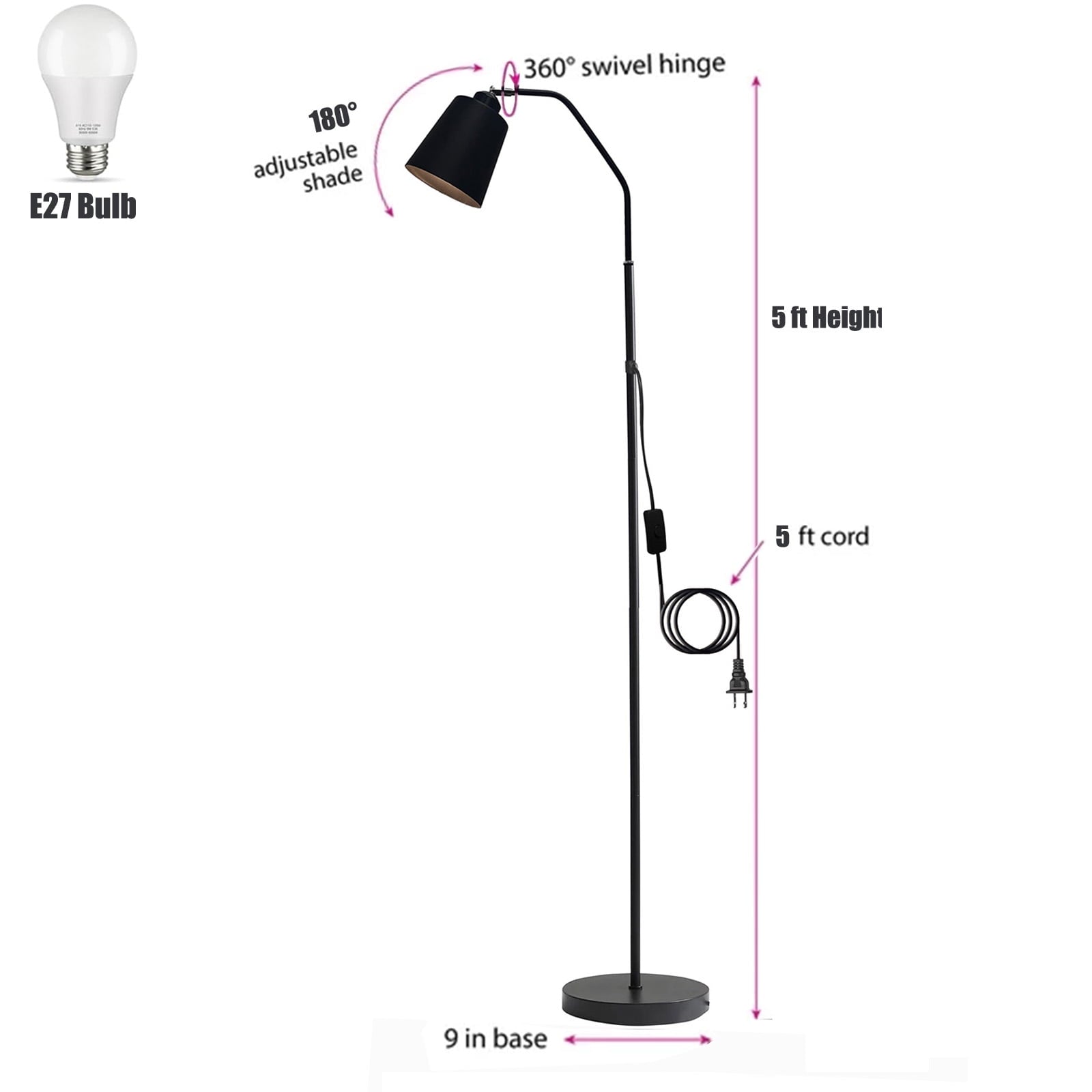 Cozylumi™ Golyzmt 60 inch Black Floor Lamp for Bedroom Living Room, Modern Dimmable
