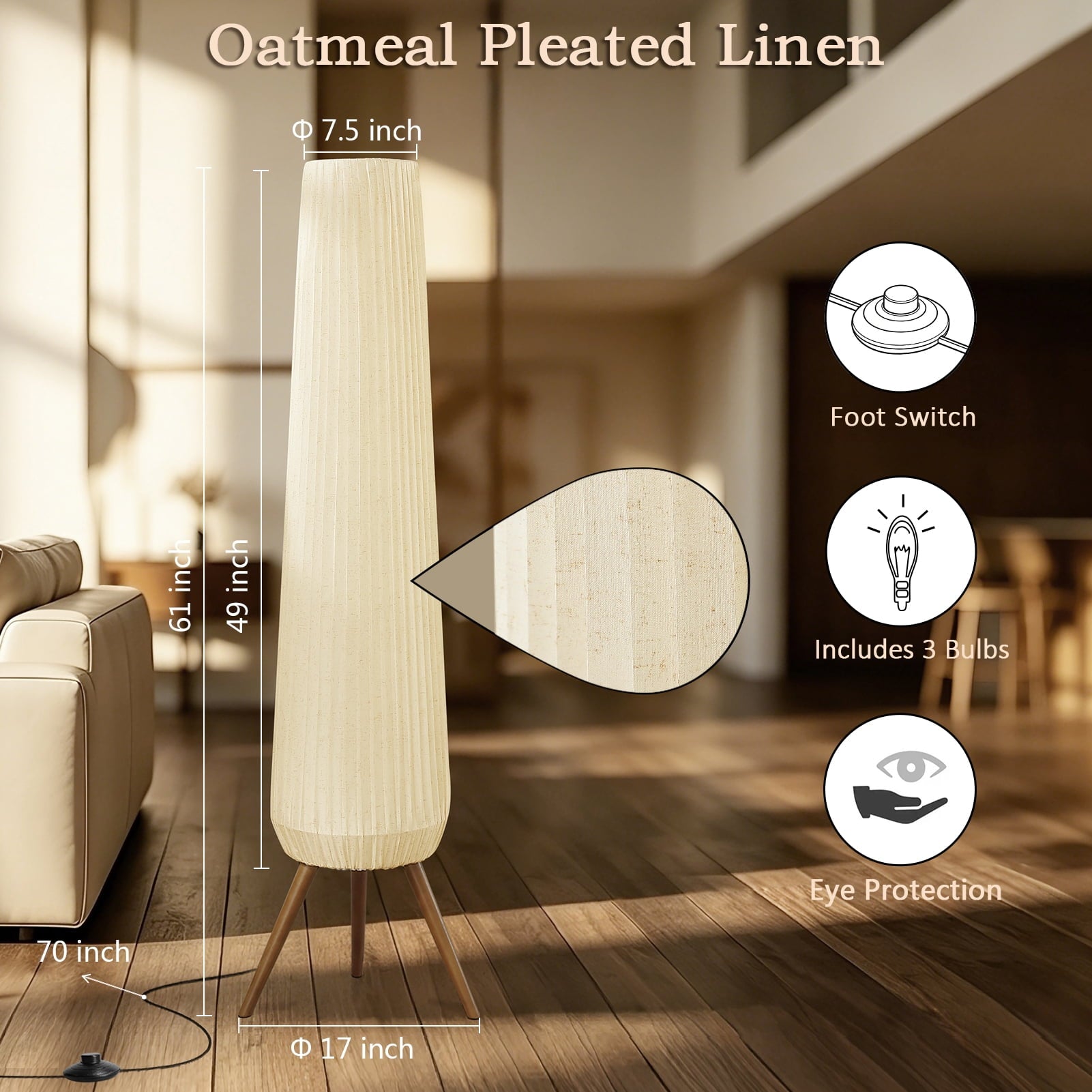 Cozylumi™ Rohopeto wooden tripod floor lamp, foot switch, 61 inches high, three headed