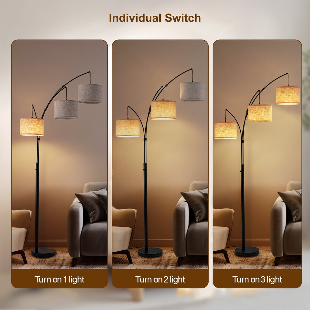 Cozylumi™ Netin 80 3-Light Modern Dimmable Black Arc Floor Lamp with Beige Shades