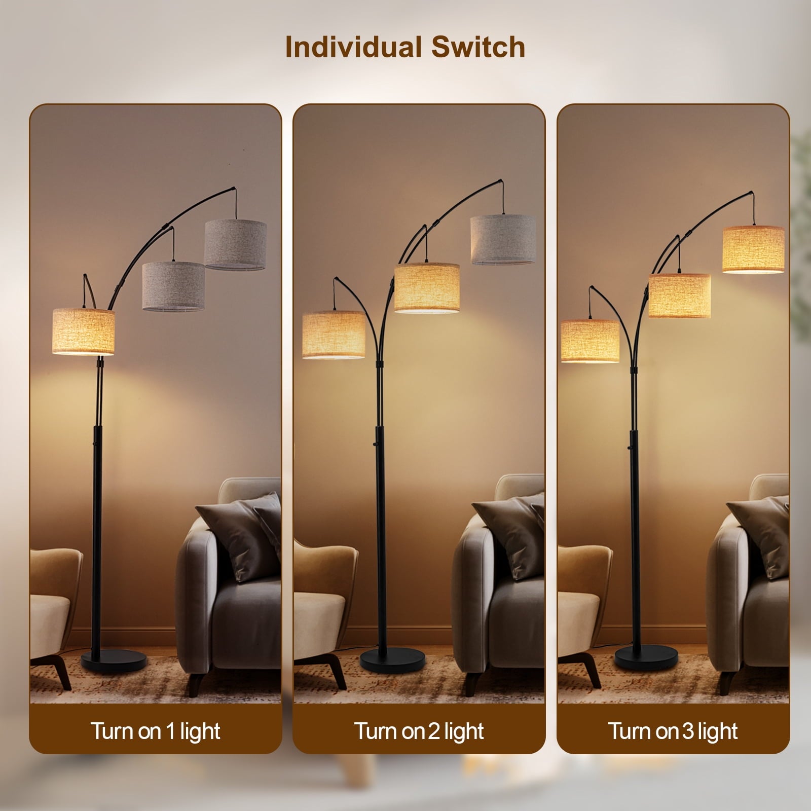 Cozylumi™ Netin 80 3-Light Modern Dimmable Black Arc Floor Lamp with Beige Shades
