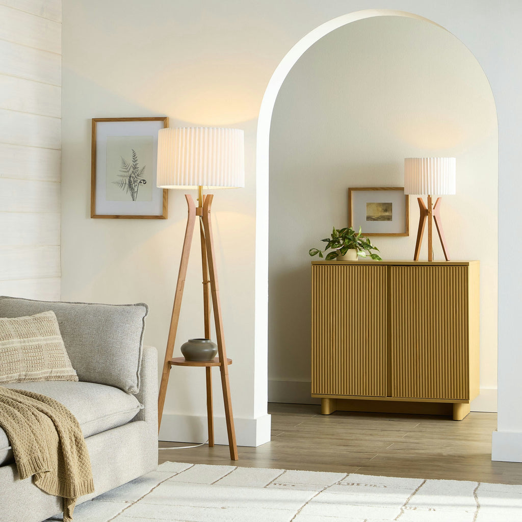 Cozylumi™ 63 in Natural Wood Tripod Floor Lamp with Pleated Shade