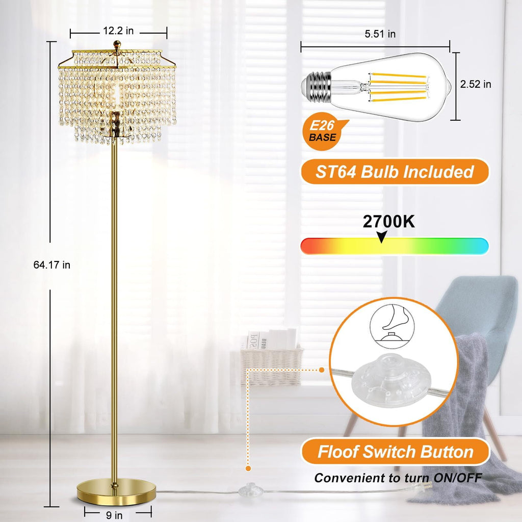Cozylumi™ Gold Crystal Floor Lamp , Modern Standing Lamps with Double-Layer Lampshade