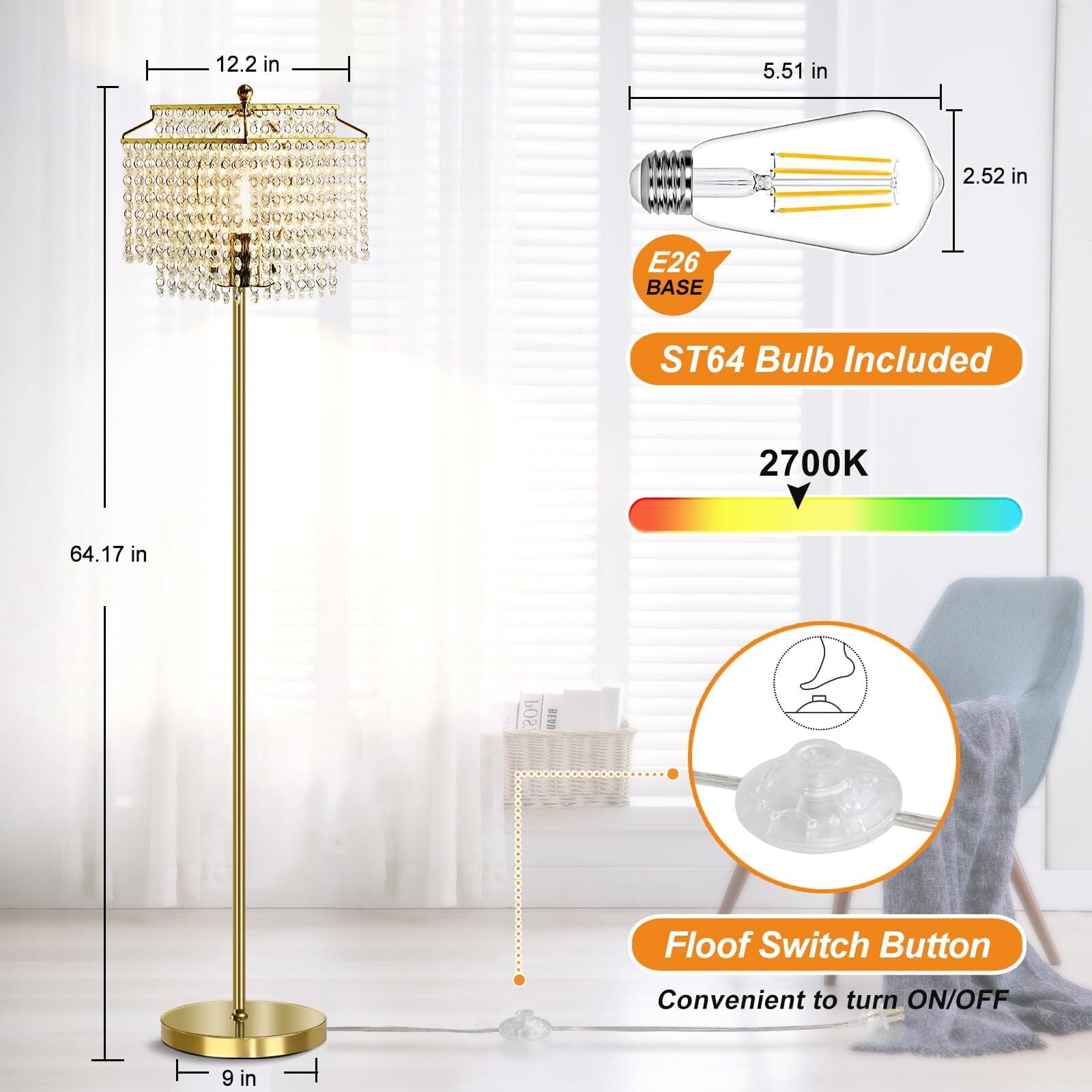 Cozylumi™ Gold Crystal Floor Lamp , Modern Standing Lamps with Double-Layer Lampshade